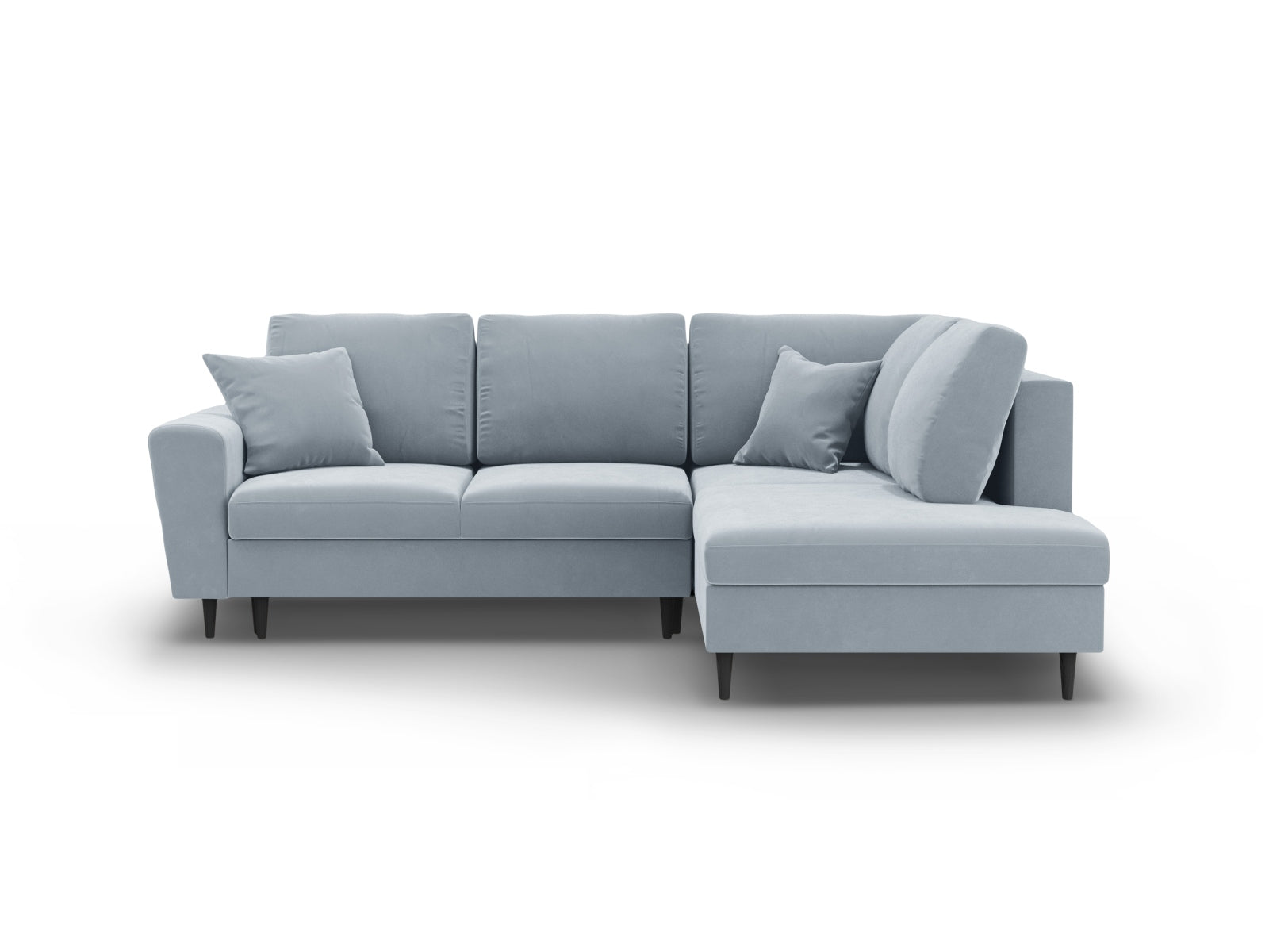 Kyoto Velour Ecksofa rechts mit Schlaffunktion und Stauraumbox 5 Sitzer 194cm in Light Blue/Schwarz Birke-Riviera präsentiert im Onlineshop von KAQTU Design AG. Bettsofa rechts ist von Cosmopolitan Design