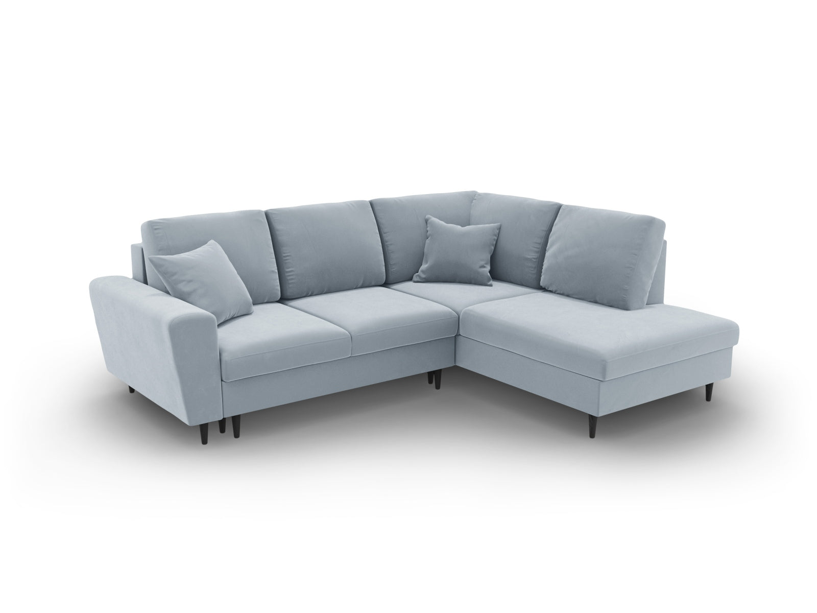 Stylisches Kyoto Velour Ecksofa in sanftem Hellblau, 5-Sitzer mit praktischer Schlaffunktion und Stauraum, perfekt für moderne Wohnzimmer.