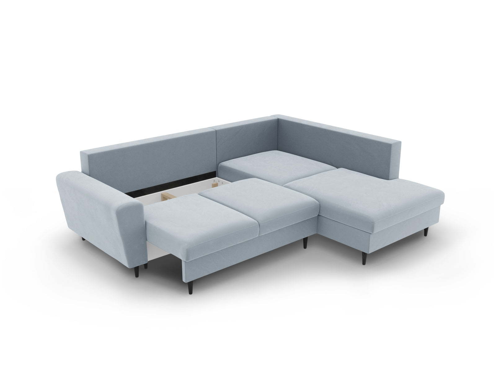 Elegantes Kyoto Velour Ecksofa in zartem Hellblau, 5-Sitzer mit Schlaffunktion und Stauraum, ideal für stilvolle Wohnräume.