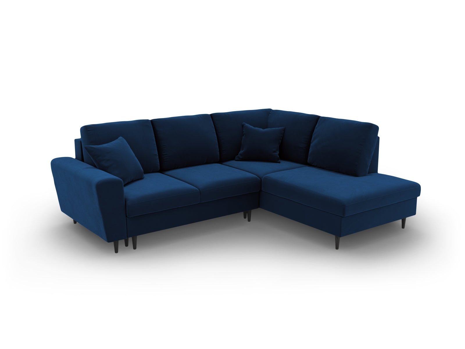 Stylisches Kyoto Velour Ecksofa in Royal Blue, 5-Sitzer mit praktischer Schlaffunktion und Stauraum, perfekt für moderne Wohnzimmer.