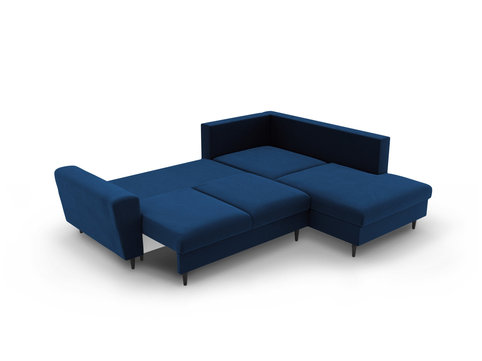 Stylisches Kyoto Velour Ecksofa in Royal Blue, 5-Sitzer mit praktischer Schlaffunktion und Stauraum, perfekt für moderne Wohnzimmer.
