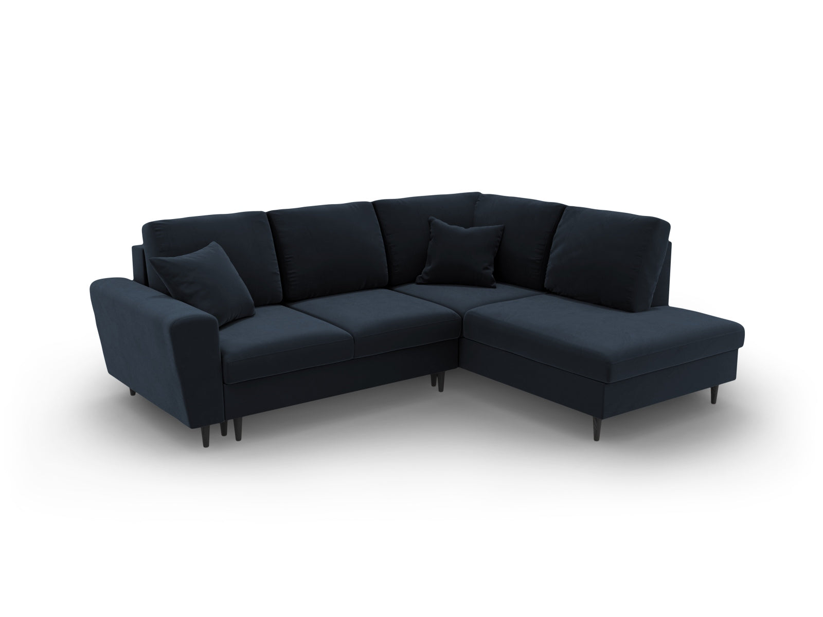 Stylisches Kyoto Velour Ecksofa in Dunkelblau, 5-Sitzer mit praktischer Schlaffunktion und Stauraum, perfekt für moderne Wohnzimmer.