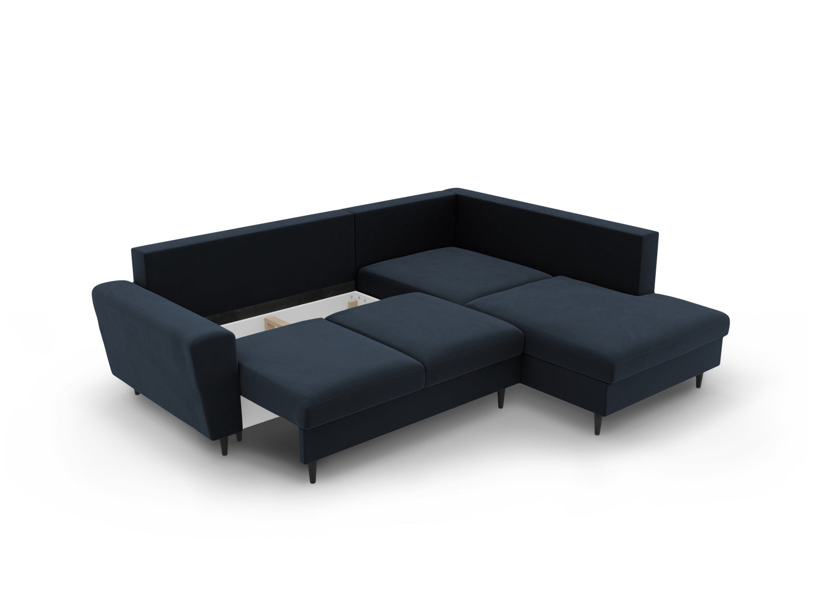Elegantes Kyoto Velour Ecksofa in Dunkelblau, 5-Sitzer mit Schlaffunktion und Stauraum, ideal für stilvolle Wohnräume.