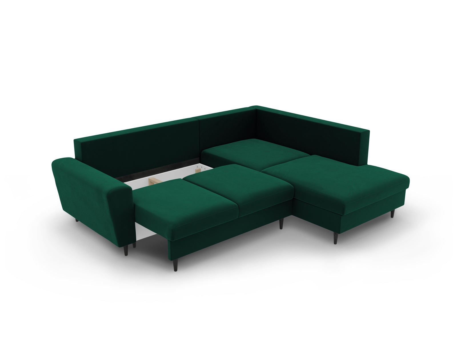 Elegantes Kyoto Velour Ecksofa in tiefem Grün, 5-Sitzer mit Schlafoption und Stauraum, ideal für stilvolle Wohnräume.