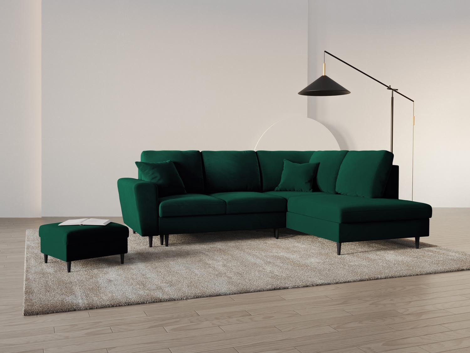 Elegantes Kyoto Velour Ecksofa in Bottle Green mit Schlaffunktion, Stauraum und modernem Design, ideal für stilvolle Wohnräume.