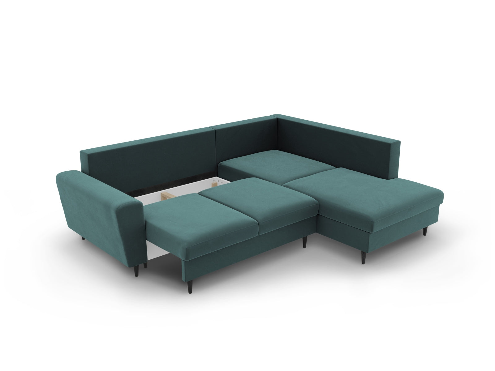 Stylisches Kyoto Velour Ecksofa in Petrol, 5-Sitzer mit praktischer Schlaffunktion und Stauraum, ideal für moderne Wohnkonzepte.