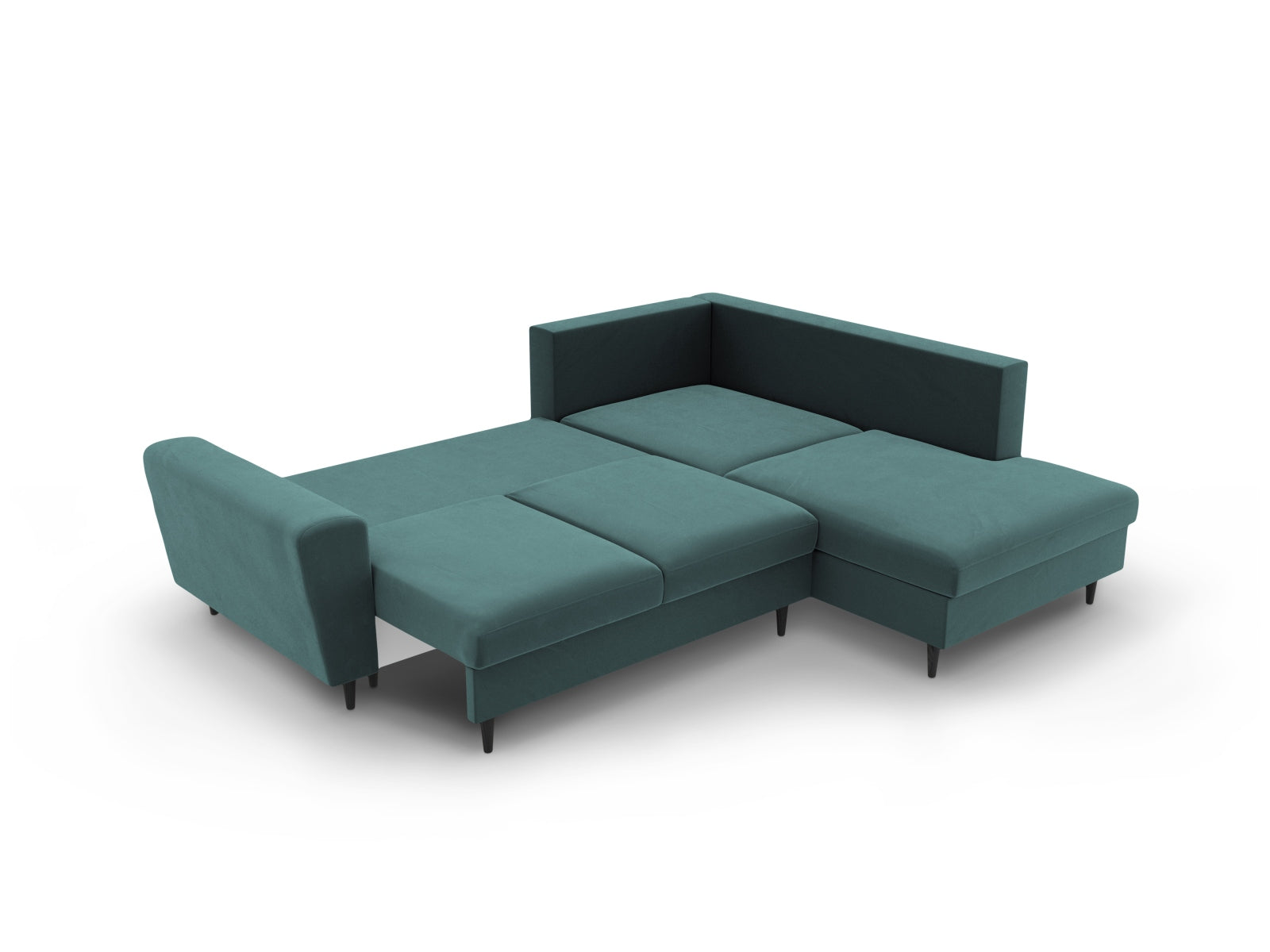 Elegantes Kyoto Velour Ecksofa in Petrol, 5-Sitzer mit Schlaffunktion und Stauraum, perfekt für stilvolle und funktionale Wohnräume.