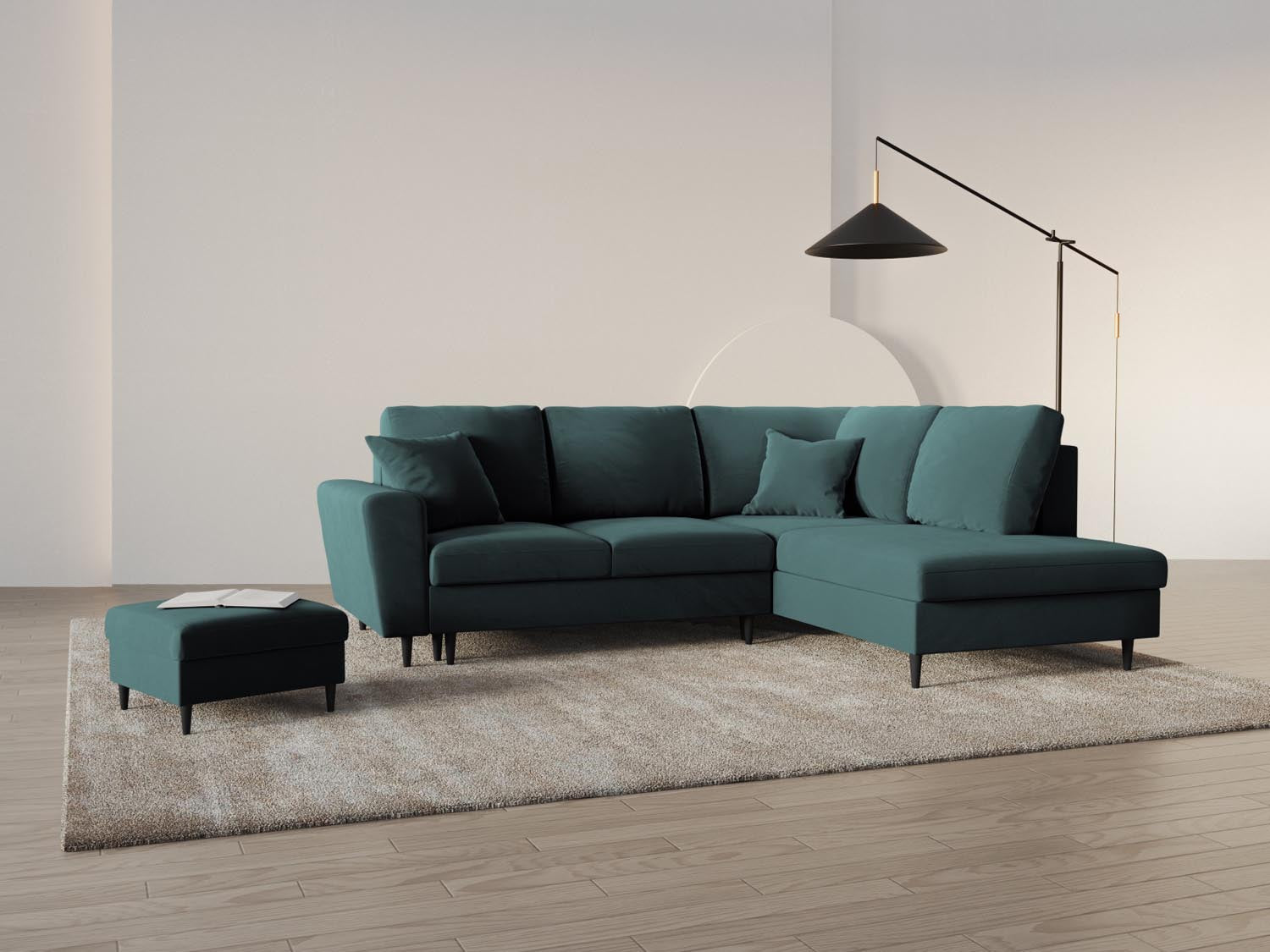 Stylisches Kyoto Velour Ecksofa in Petrol mit Schlaffunktion und Stauraum, ideal für moderne Wohnräume und Gästeübernachtungen.