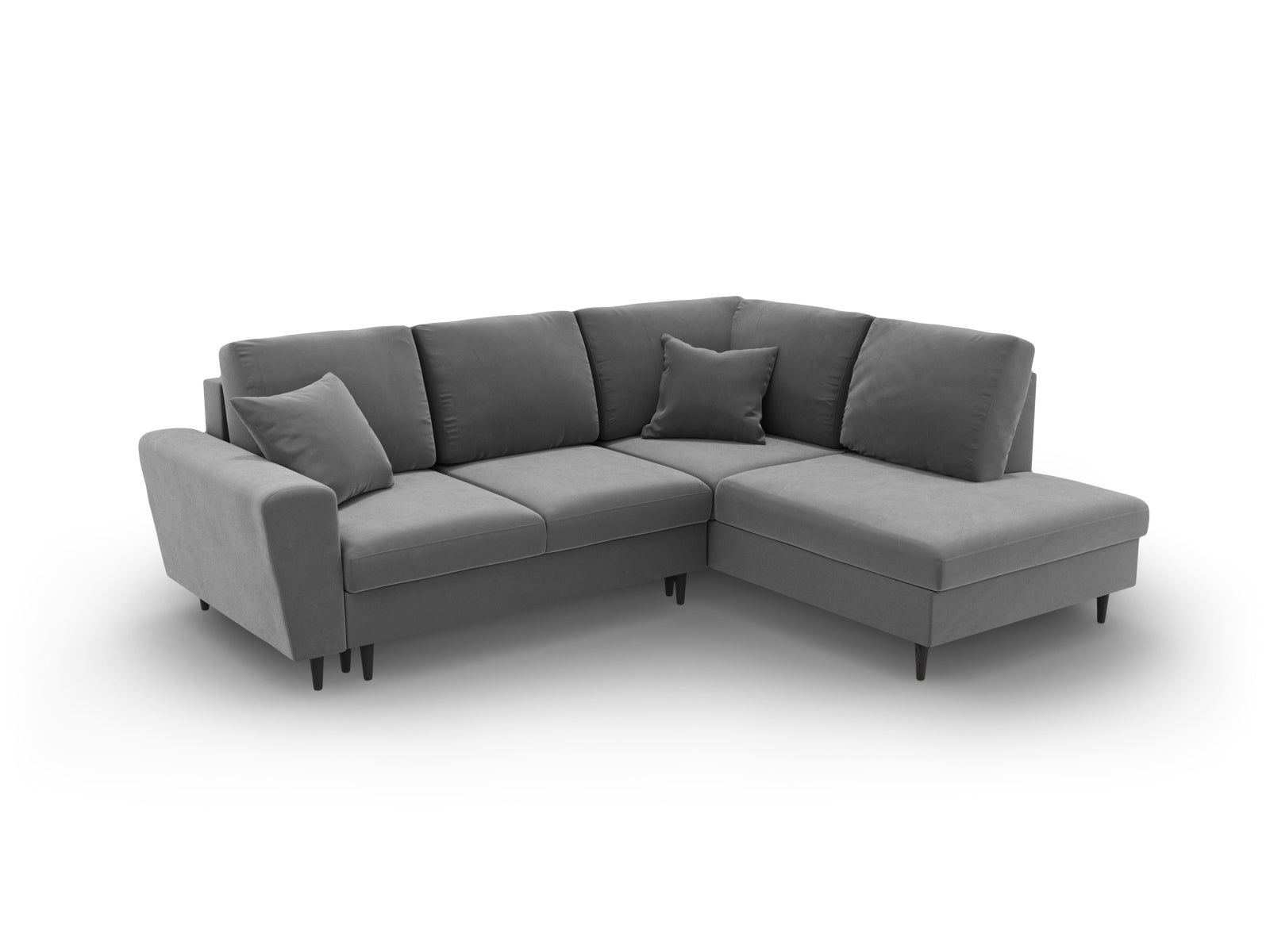 Elegantes Kyoto Velour Ecksofa in hellem Grau, 5-Sitzer mit praktischer Schlaffunktion und Stauraum, perfekt für stilvolle Wohnzimmer.