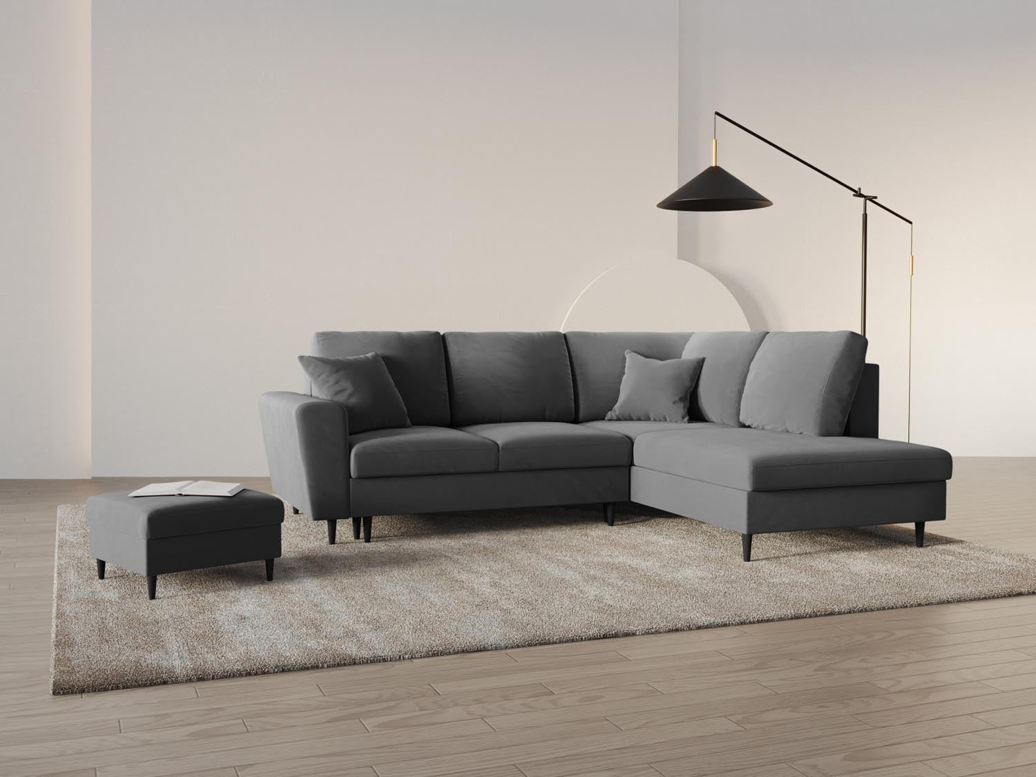 Stylisches Kyoto Velour Ecksofa in Light Grey mit Schlaffunktion und Stauraum, ideal für moderne Wohnräume und Gästeübernachtungen.