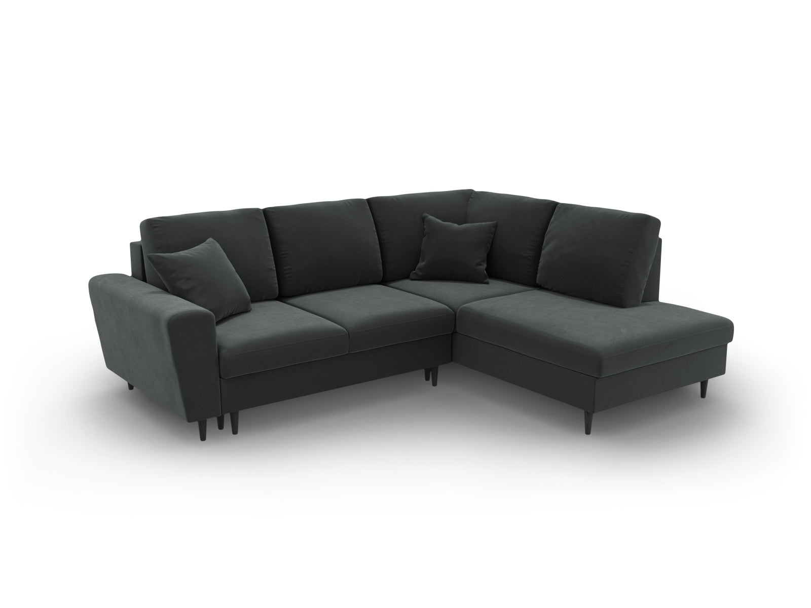 Elegantes Kyoto Velour Ecksofa in Dunkelgrau, 5-Sitzer mit praktischer Schlaffunktion und Stauraum, perfekt für stilvolle Wohnräume.
