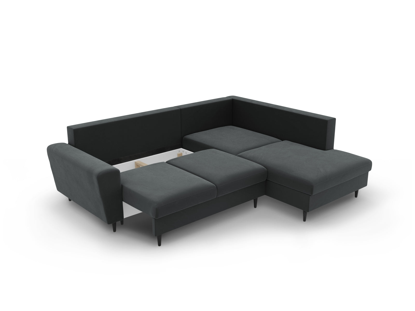 Stylisches Kyoto Velour Ecksofa in Dunkelgrau, 5-Sitzer mit Schlaffunktion und Stauraum, ideal für moderne Wohnkonzepte.