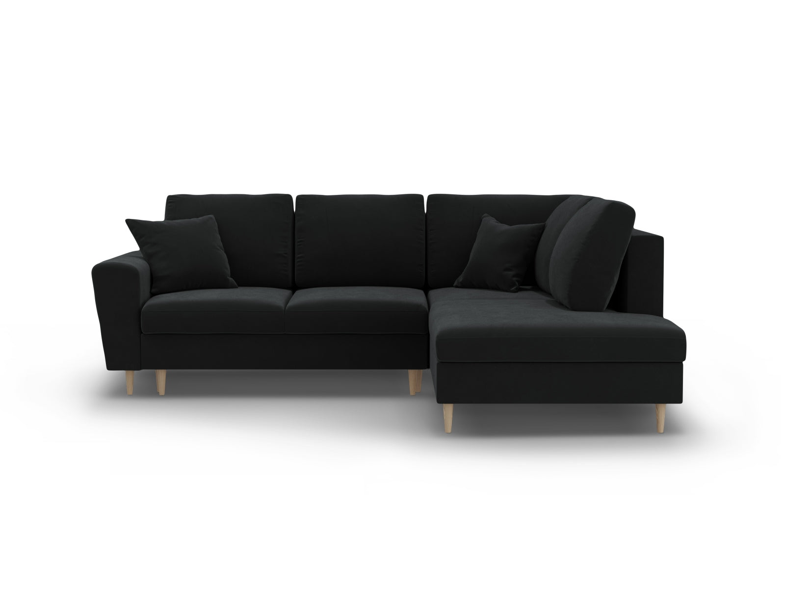 Kyoto Velour Ecksofa rechts mit Schlaffunktion und Stauraumbox 5 Sitzer 194cm in Black/Birke-Riviera präsentiert im Onlineshop von KAQTU Design AG. Bettsofa rechts ist von Cosmopolitan Design