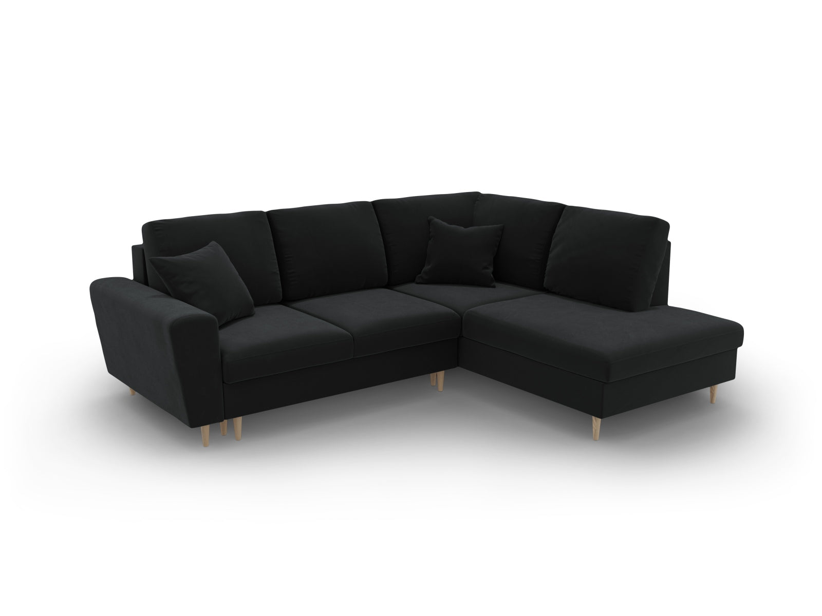 Modernes Kyoto Velour Ecksofa in Schwarz, 5-Sitzer mit Schlaffunktion und Stauraum, perfekt für gemütliche Abende und Gästeübernachtungen.