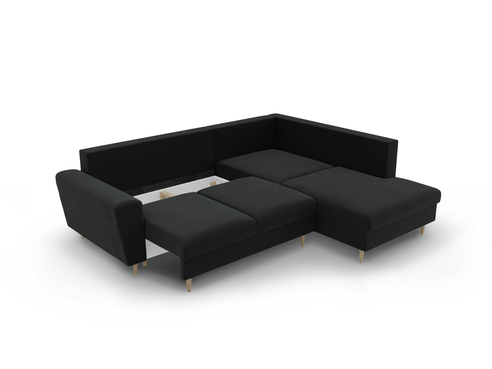 Elegantes Kyoto Velour Ecksofa in Schwarz, 5-Sitzer mit praktischer Schlaffunktion und Stauraum, ideal für stilvolle Wohnräume.