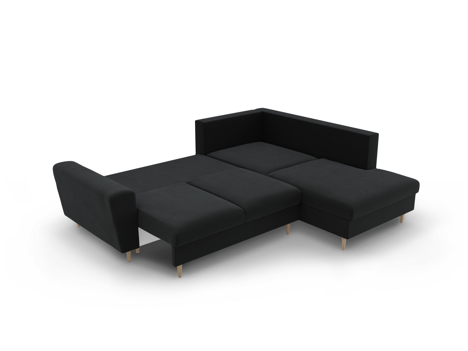 Stylisches Kyoto Velour Ecksofa in Schwarz, 5-Sitzer mit Schlaffunktion und Stauraum, perfekt für moderne Wohnkonzepte.