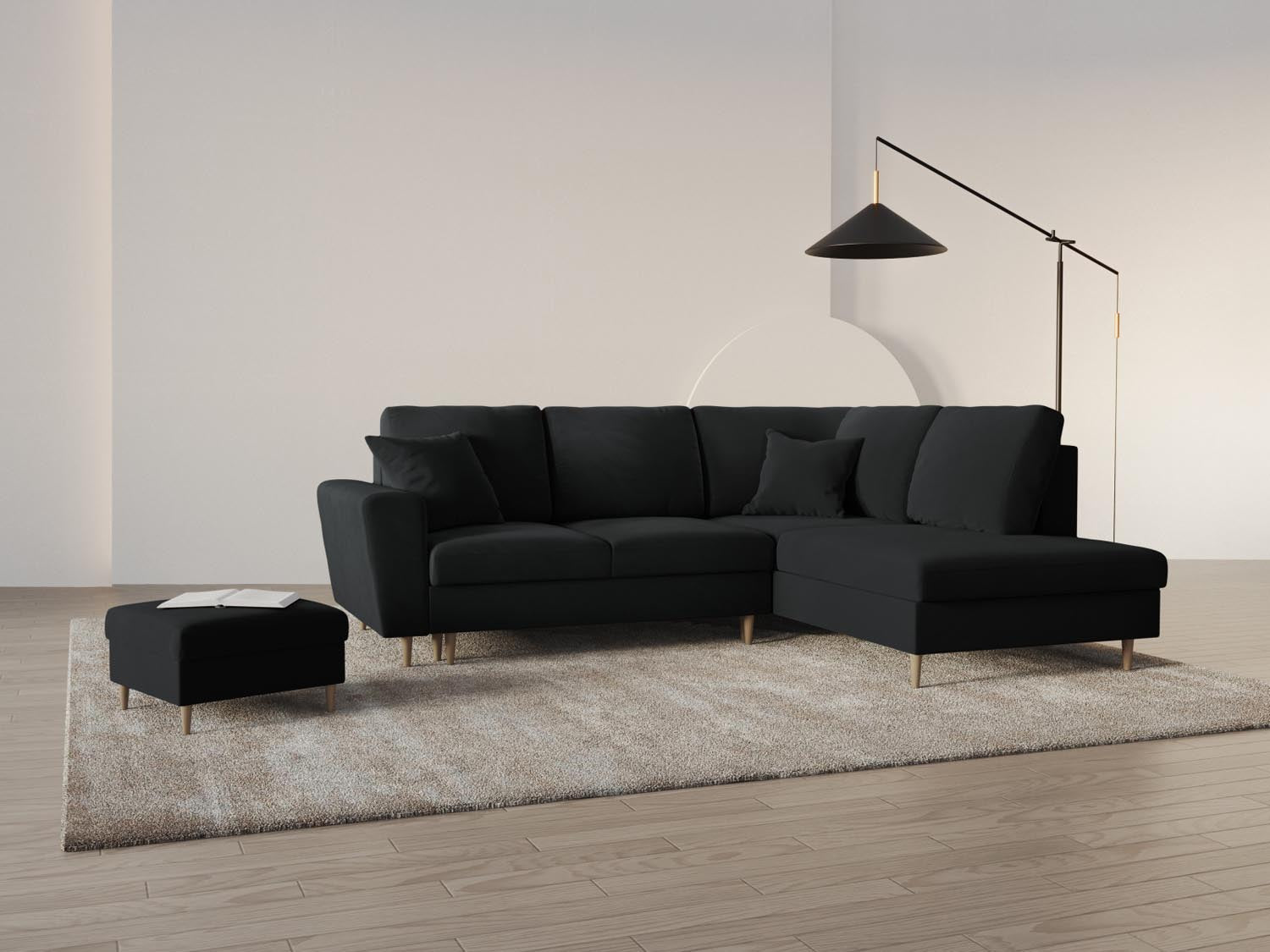 Elegantes Kyoto Velour Ecksofa in Schwarz mit Schlaffunktion und Stauraum, ideal für stilvolle Wohnräume und Übernachtungsgäste.