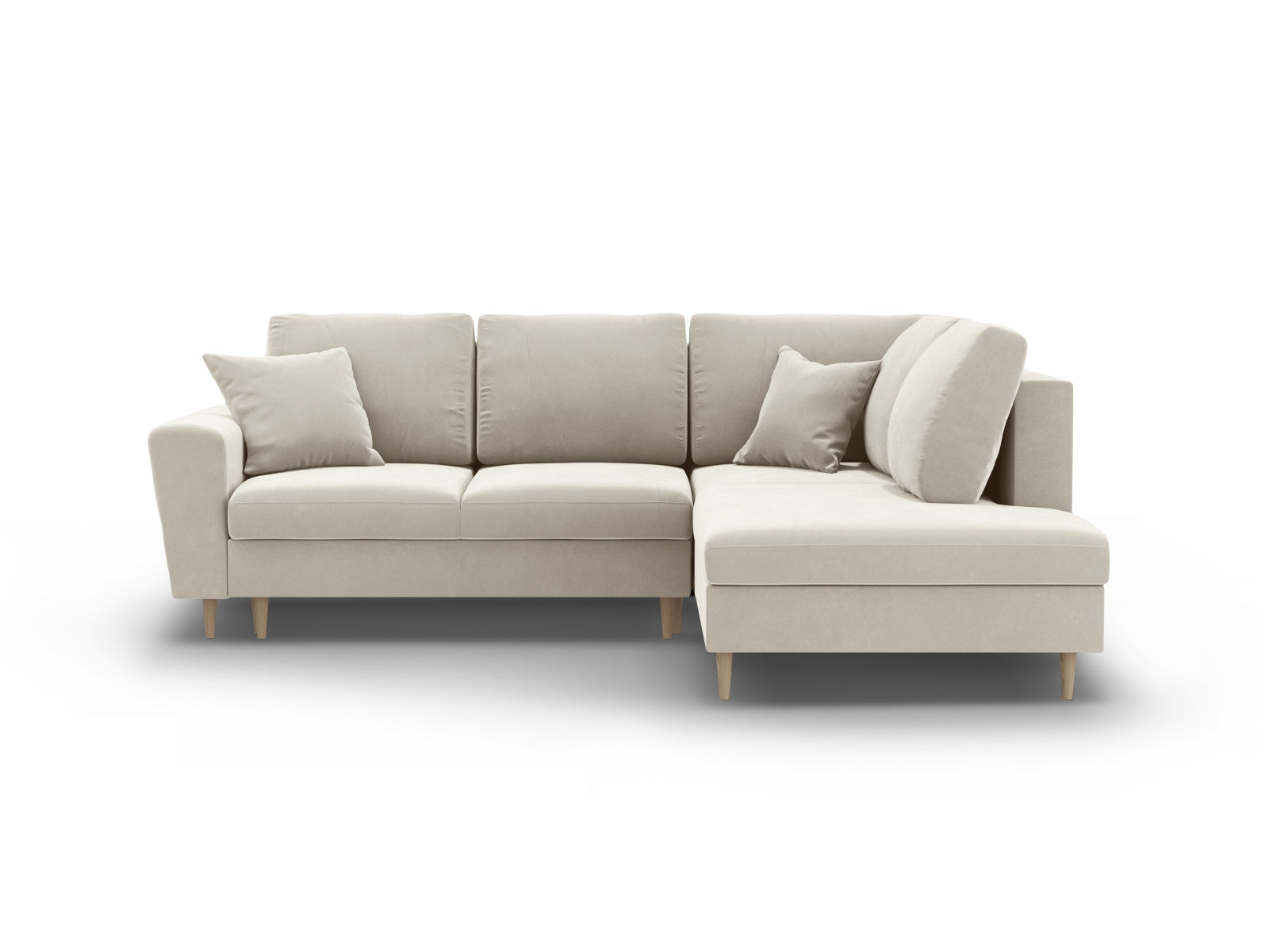 Kyoto Velour Ecksofa rechts mit Schlaffunktion und Stauraumbox 5 Sitzer 194cm in Light Beige/Birke-Riviera präsentiert im Onlineshop von KAQTU Design AG. Bettsofa rechts ist von Cosmopolitan Design