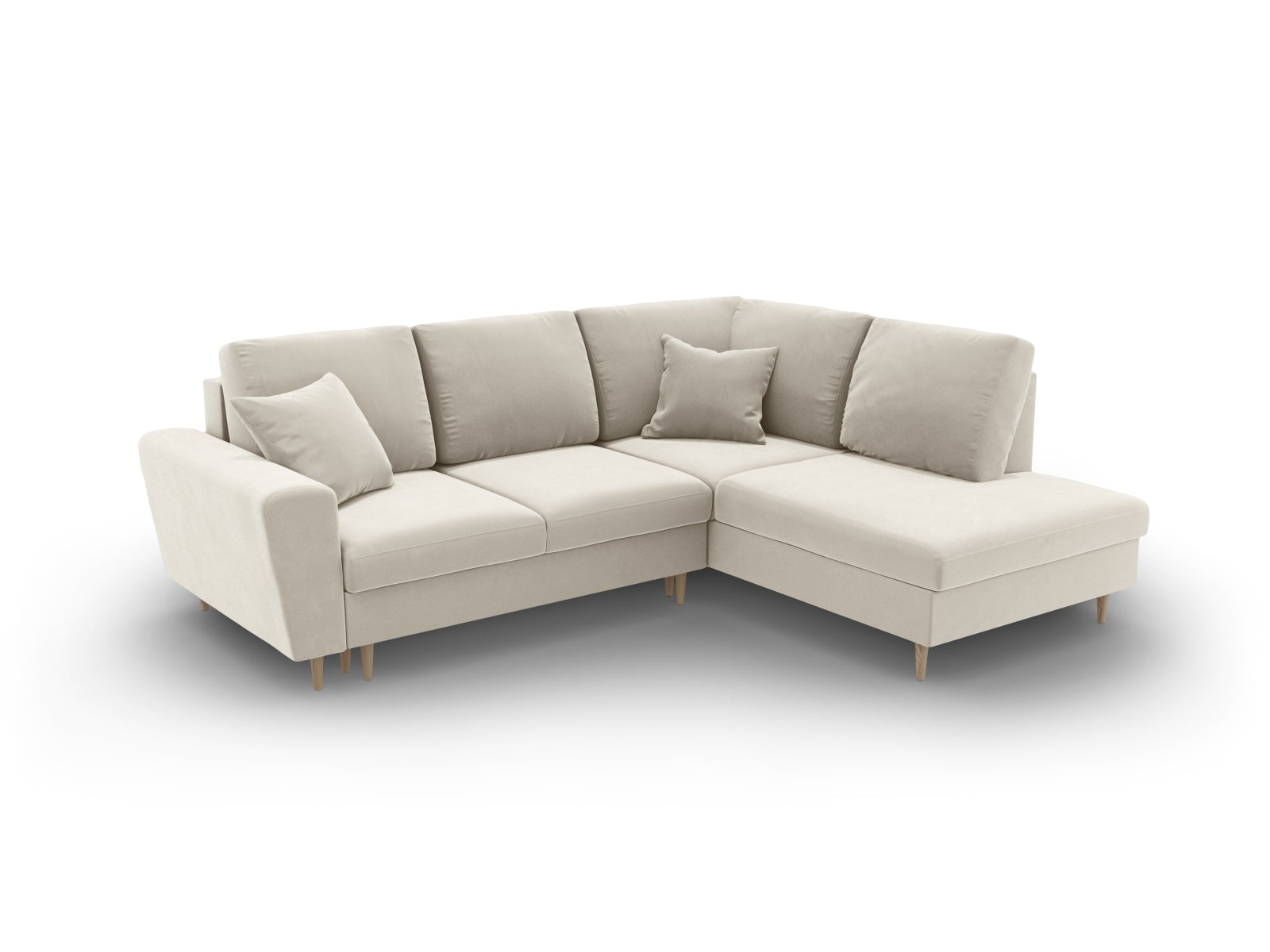 Elegantes Kyoto Velour Ecksofa in hellem Beige, 5-Sitzer mit praktischer Schlaffunktion und Stauraum, perfekt für stilvolle Wohnzimmer.