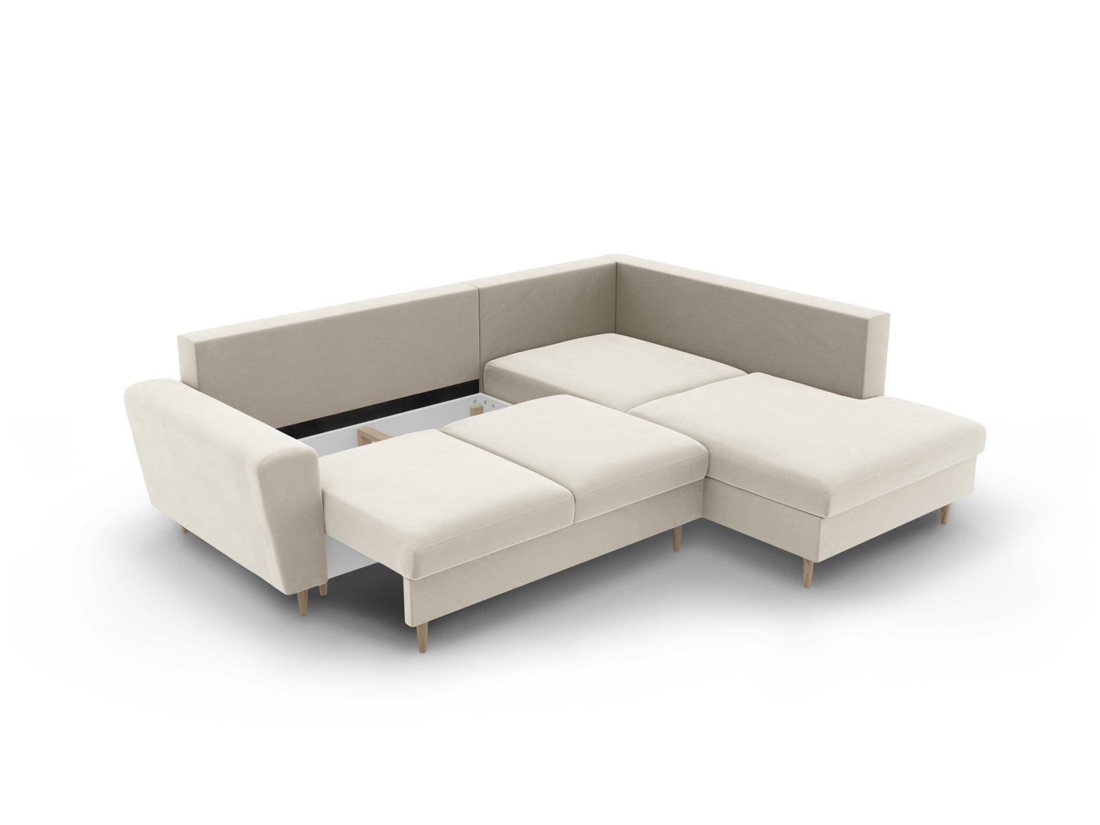 Beige Kyoto Velour Ecksofa mit Schlaffunktion, 5-Sitzer, ideal für moderne Wohnräume, bietet zusätzlichen Stauraum und Komfort.