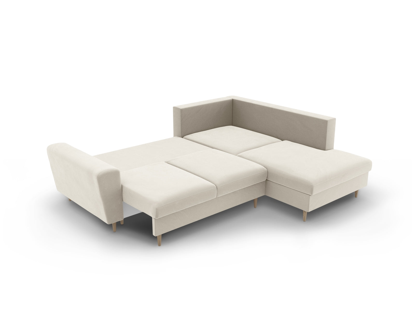 Elegantes Kyoto Velour Ecksofa in Beige, 5-Sitzer mit Schlaffunktion und Stauraum, perfekt für stilvolle und funktionale Wohnräume.