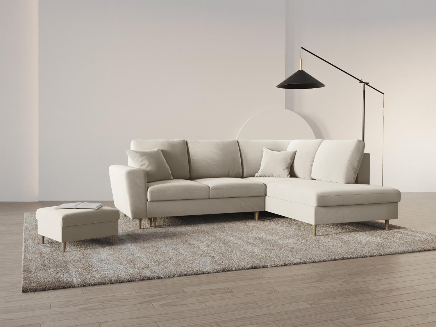 Stylisches Kyoto Velour Ecksofa in Light Beige, 5-Sitzer mit Schlaffunktion und Stauraum, ideal für moderne Wohnräume.