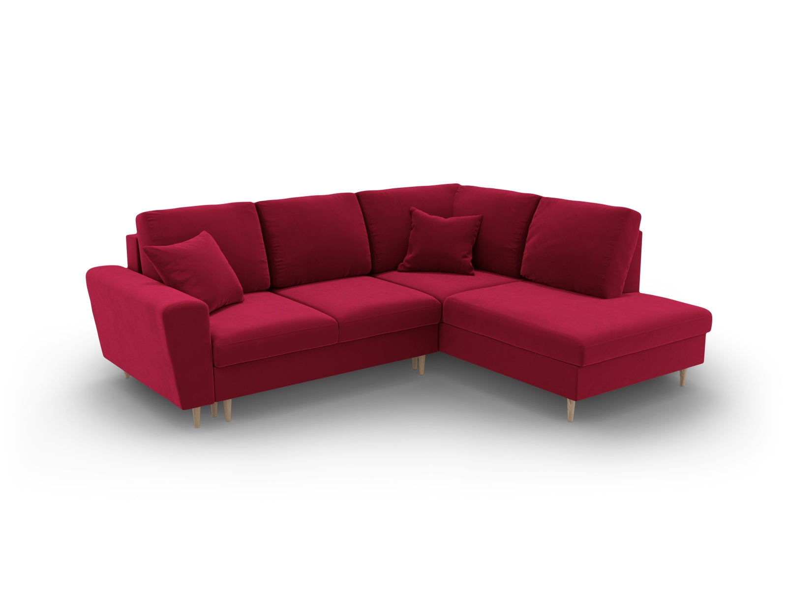 Modernes Kyoto Velour Ecksofa in Rot, 5-Sitzer mit praktischer Schlaffunktion und Stauraum, perfekt für gemütliche Abende.