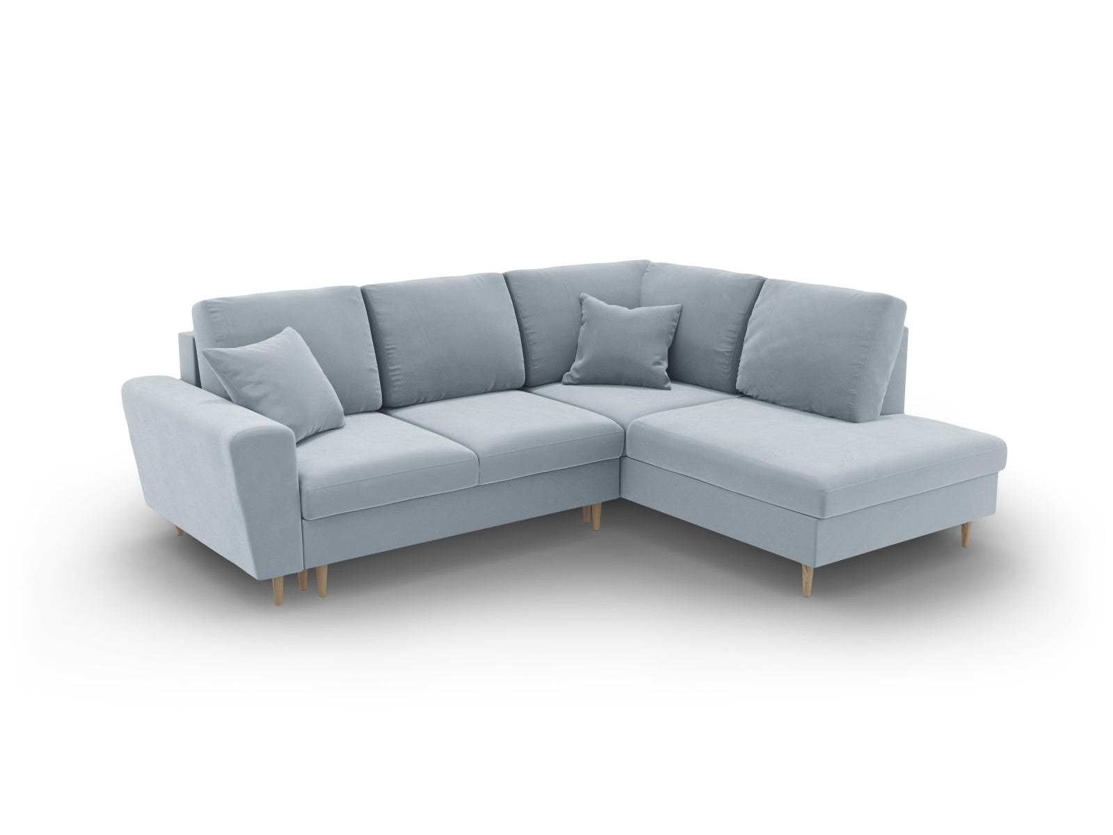 Stylisches Kyoto Velour Ecksofa in sanftem Hellblau, 5-Sitzer mit praktischer Schlaffunktion und integriertem Stauraum, perfekt für moderne Wohnzimmer.