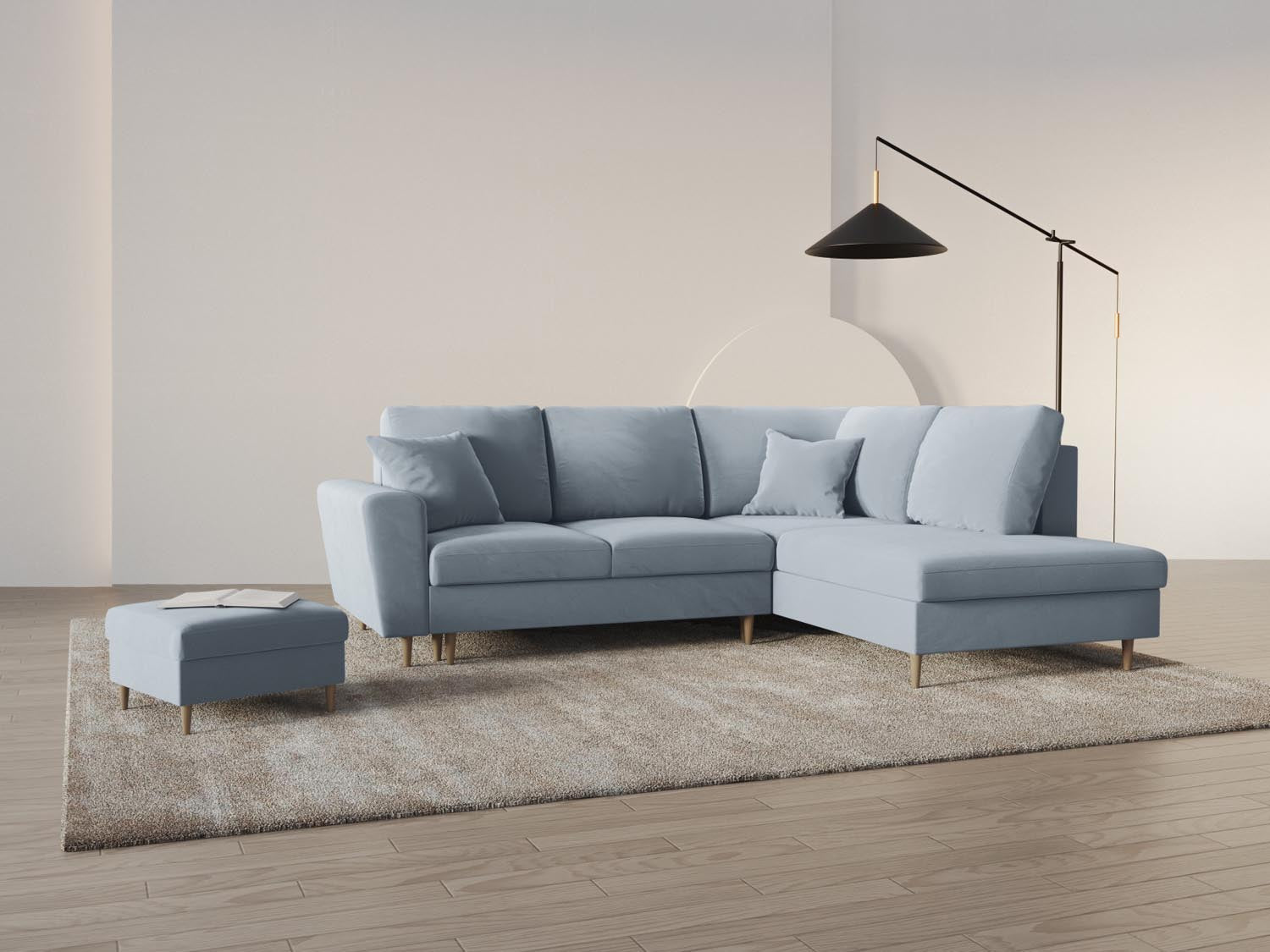Elegantes Kyoto Velour Ecksofa in Hellblau, 5-Sitzer mit Schlaffunktion und Stauraum, ideal für stilvolle Wohnräume.