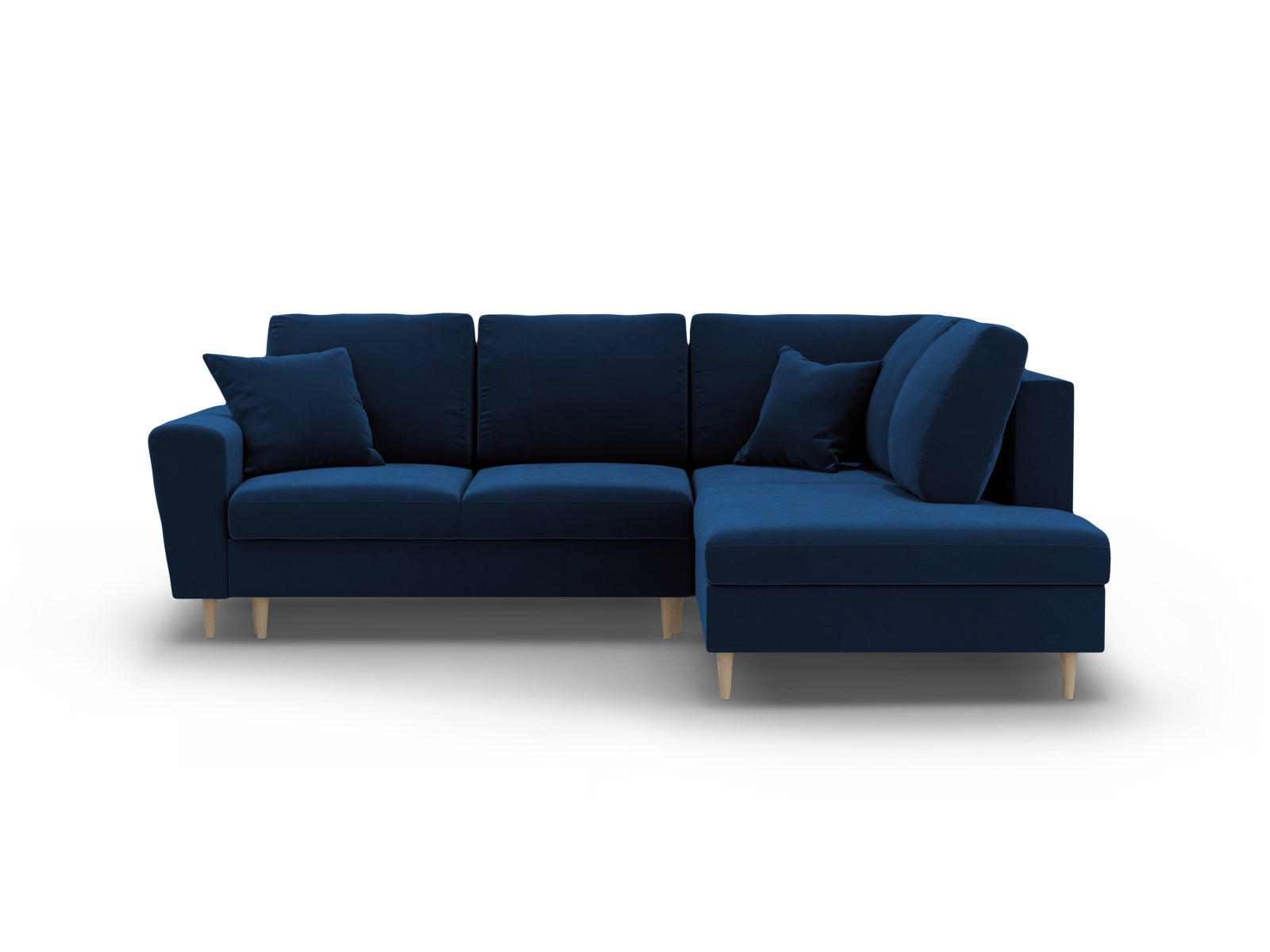 Kyoto Velour Ecksofa rechts mit Schlaffunktion und Stauraumbox 5 Sitzer 194cm in Royal Blue/Birke-Riviera präsentiert im Onlineshop von KAQTU Design AG. Bettsofa rechts ist von Cosmopolitan Design