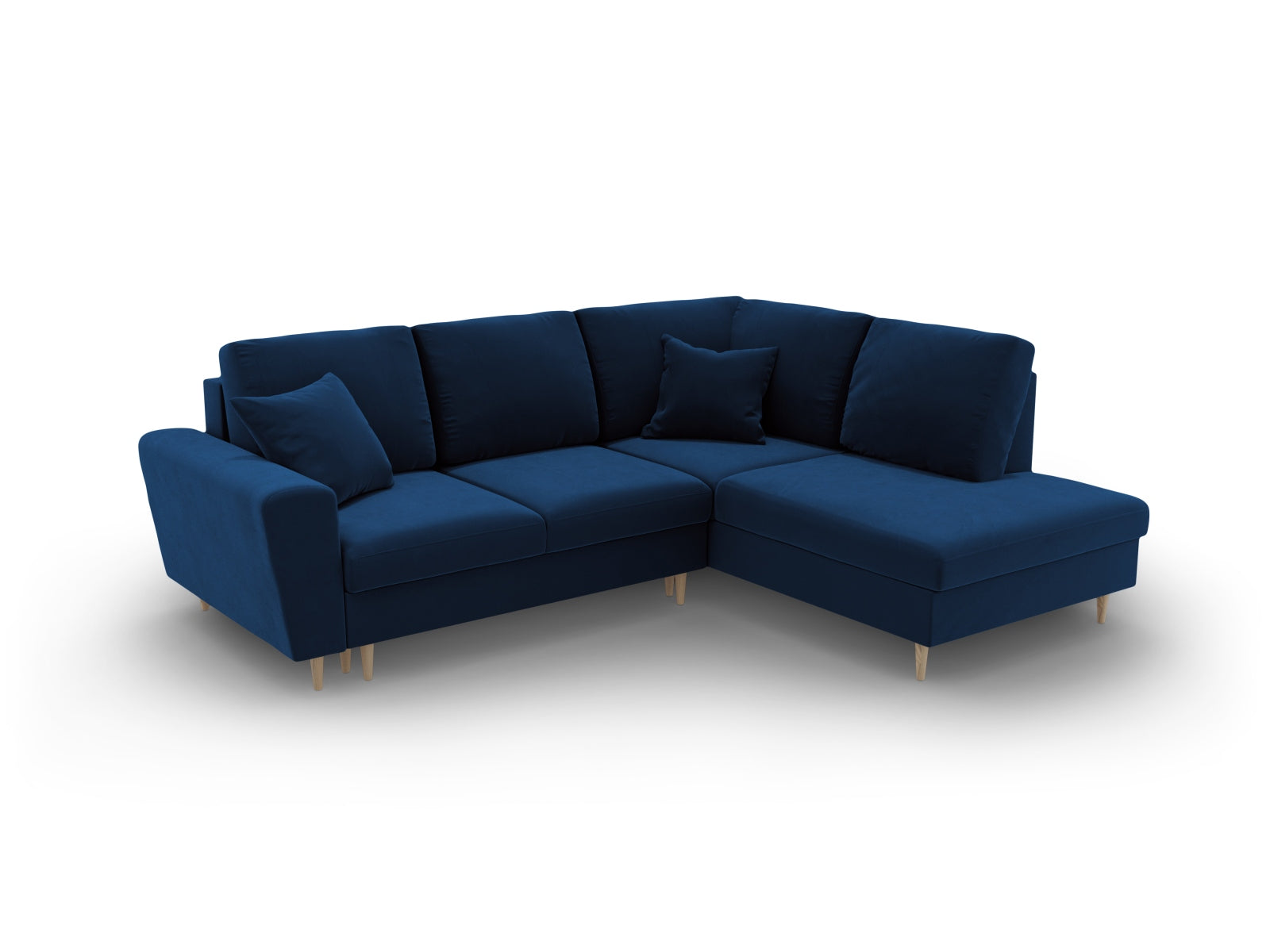 Stylisches Kyoto Velour Ecksofa in Royal Blue, 5-Sitzer mit praktischer Schlaffunktion und Stauraum, perfekt für moderne Wohnzimmer.