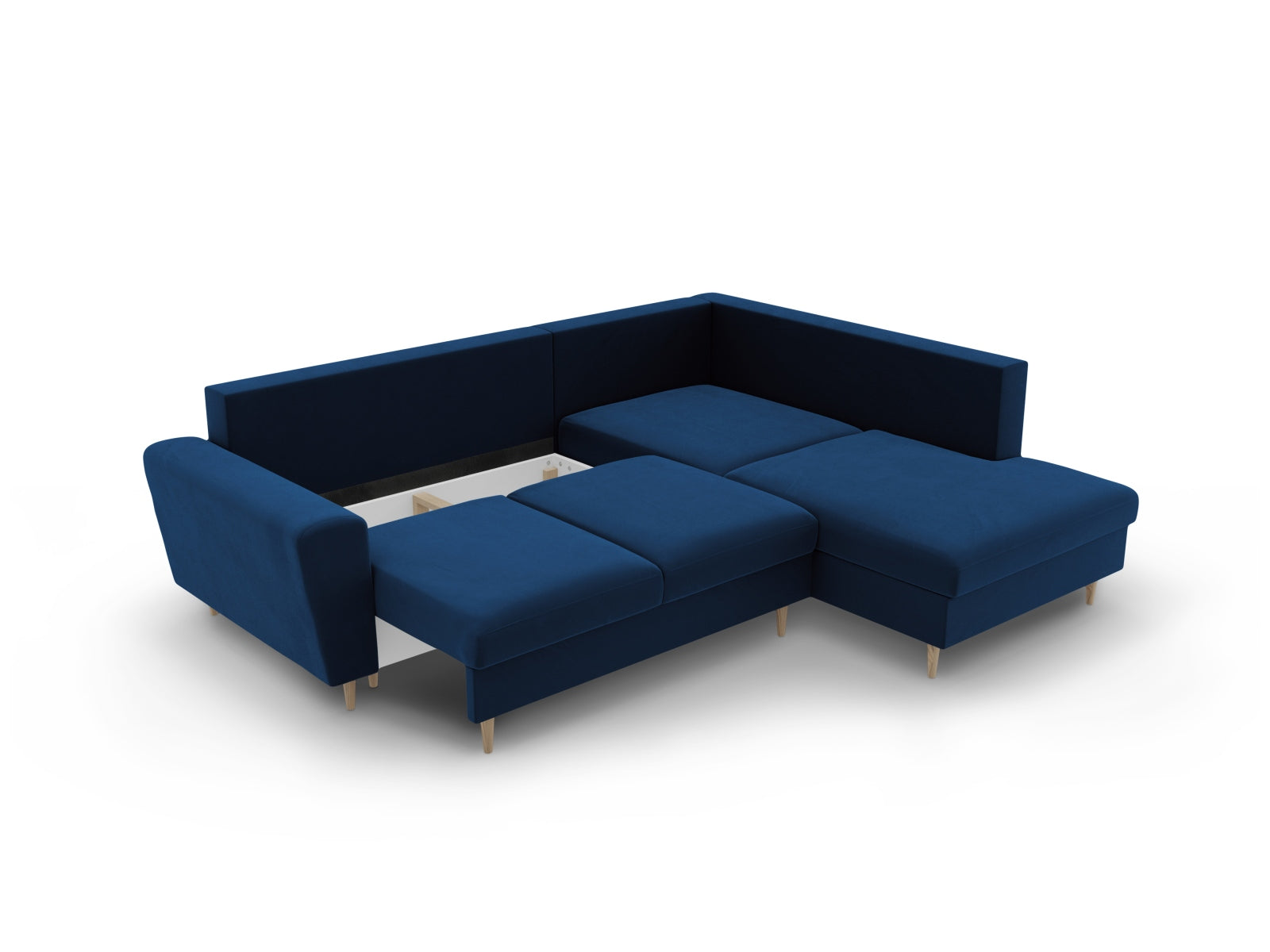 Elegantes Kyoto Velour Ecksofa in Royal Blue, 5-Sitzer mit Schlaffunktion und Stauraum, ideal für stilvolle Wohnräume.