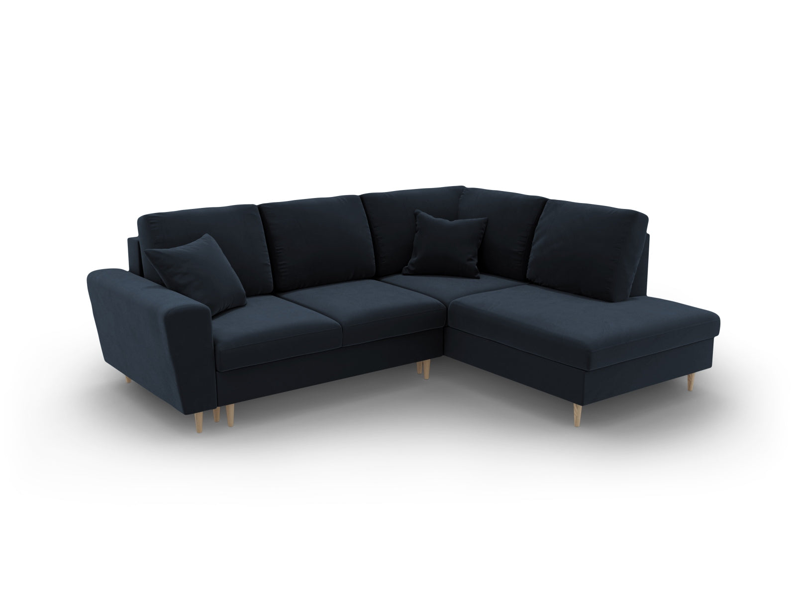 Modernes Kyoto Velour Ecksofa in Dunkelblau, 5-Sitzer mit praktischer Schlaffunktion und Stauraum, perfekt für gemütliche Abende.