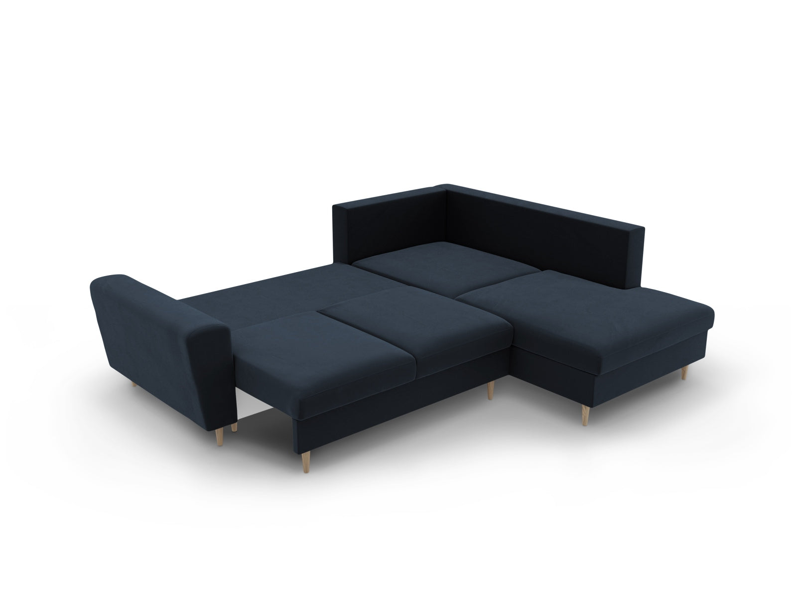 Stylisches Kyoto Velour Ecksofa in Dunkelblau, 5-Sitzer mit praktischer Schlaffunktion und Stauraum, perfekt für moderne Wohnzimmer.