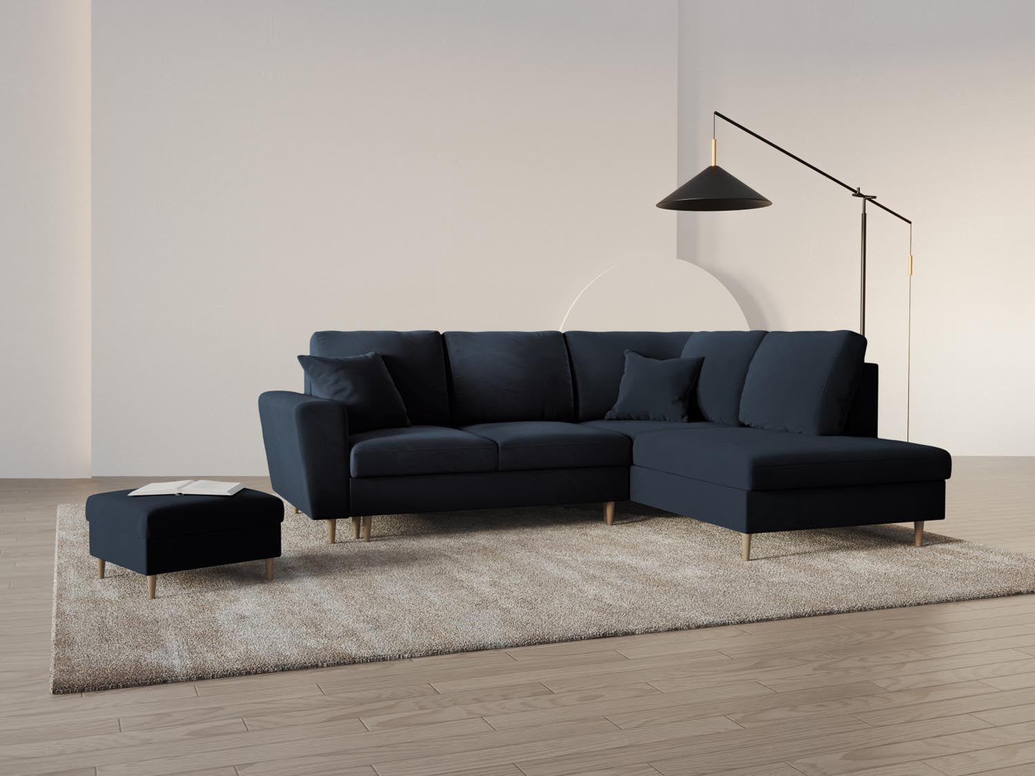 Elegantes Kyoto Velour Ecksofa in Dunkelblau, 5-Sitzer mit Schlaffunktion und Stauraum, ideal für stilvolle Wohnräume.