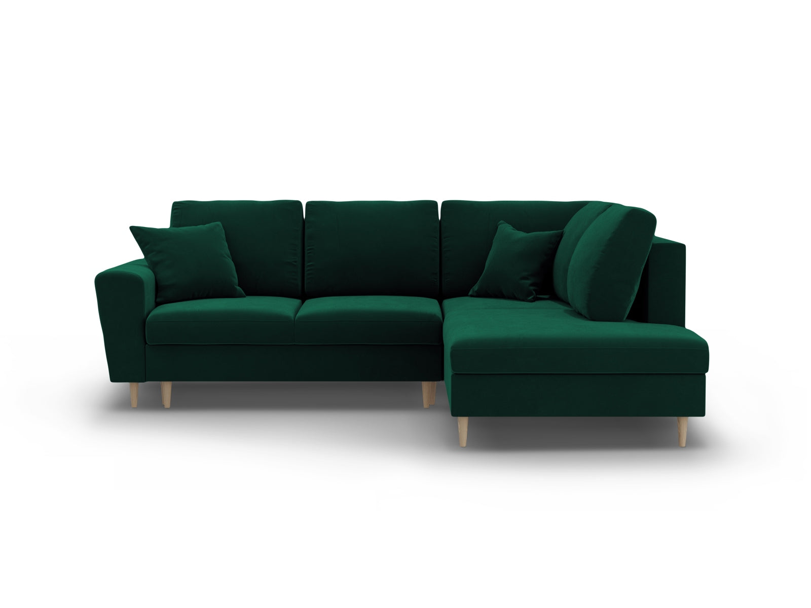 Kyoto Velour Ecksofa rechts mit Schlaffunktion und Stauraumbox 5 Sitzer 194cm in Bottle Green/Birke-Riviera präsentiert im Onlineshop von KAQTU Design AG. Bettsofa rechts ist von Cosmopolitan Design
