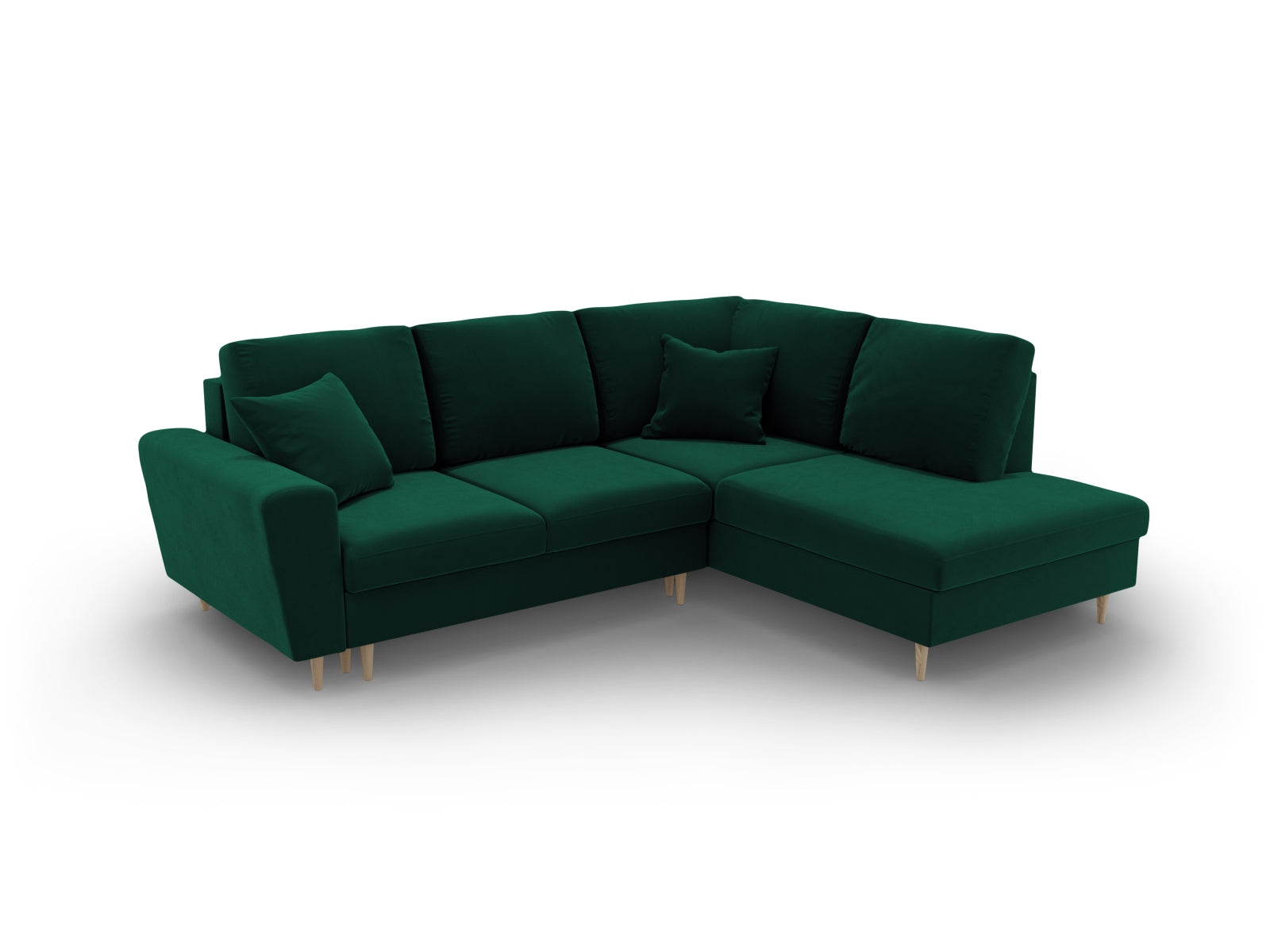 Stylisches Kyoto Velour Ecksofa in Flaschengrün, 5-Sitzer mit praktischer Schlaffunktion und Stauraum, perfekt für moderne Wohnzimmer.