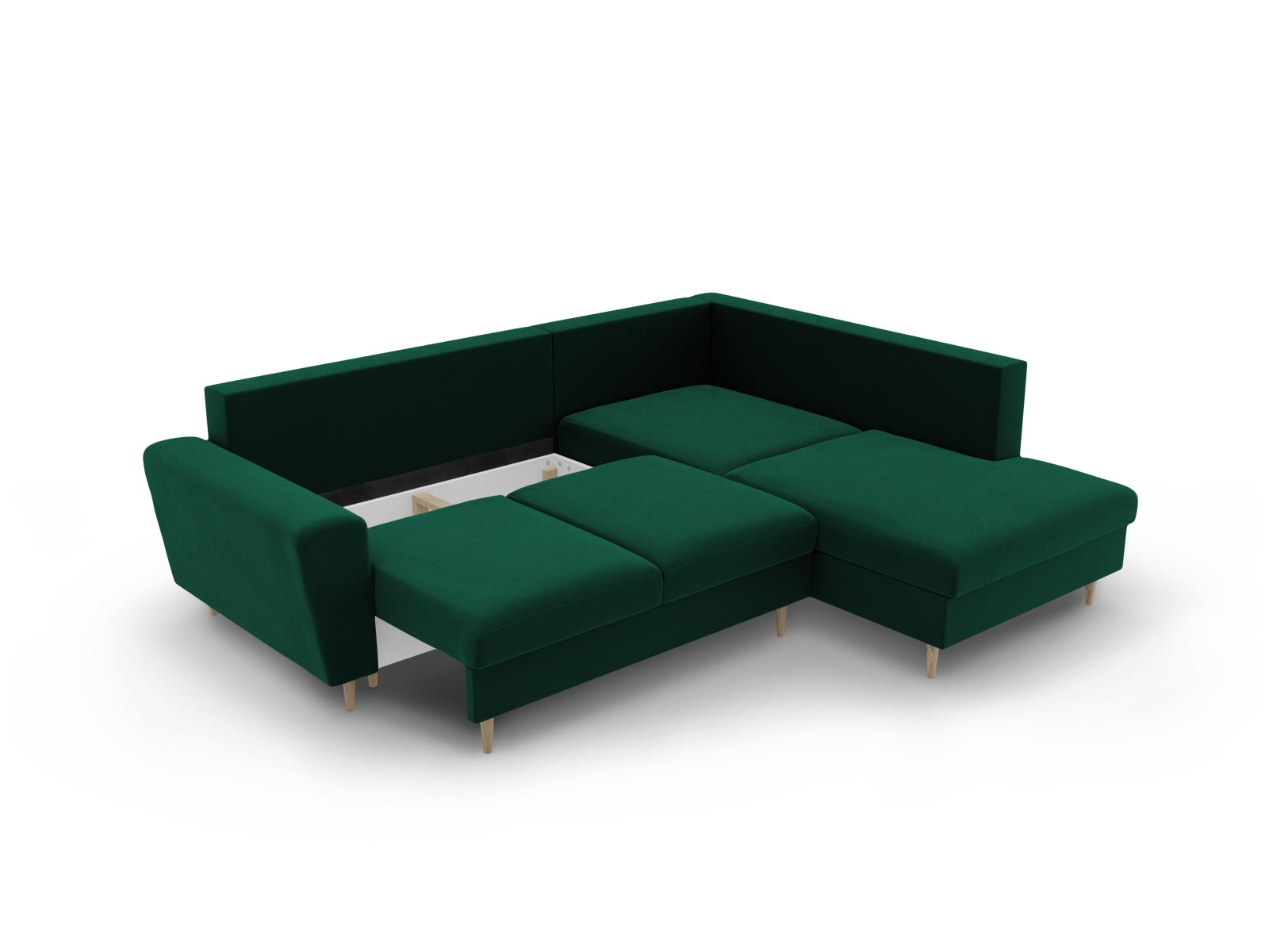 Elegantes Kyoto Velour Ecksofa in tiefem Grün, 5-Sitzer mit Schlaffunktion und integriertem Stauraum, ideal für stilvolle Wohnräume.
