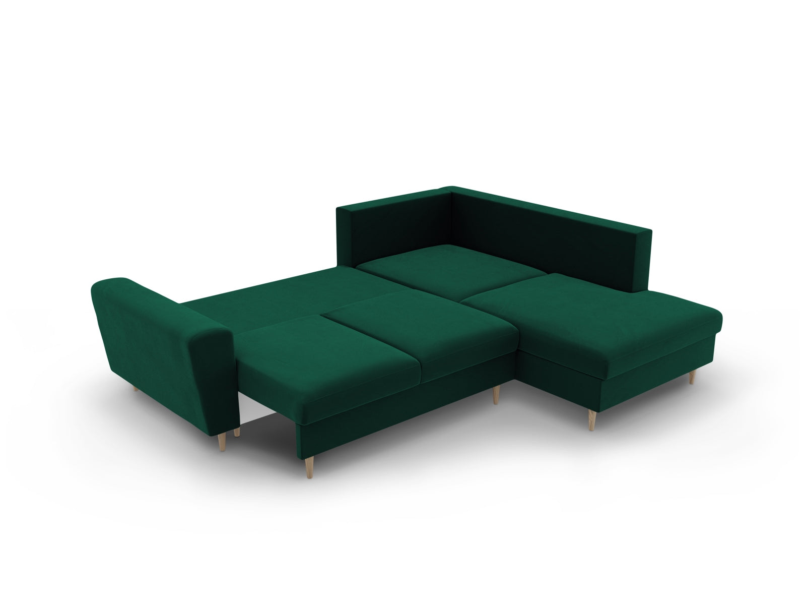Stylisches Kyoto Velour Ecksofa in edlem Grün, 5-Sitzer mit praktischer Schlaffunktion und Stauraum, perfekt für moderne Wohnzimmer.