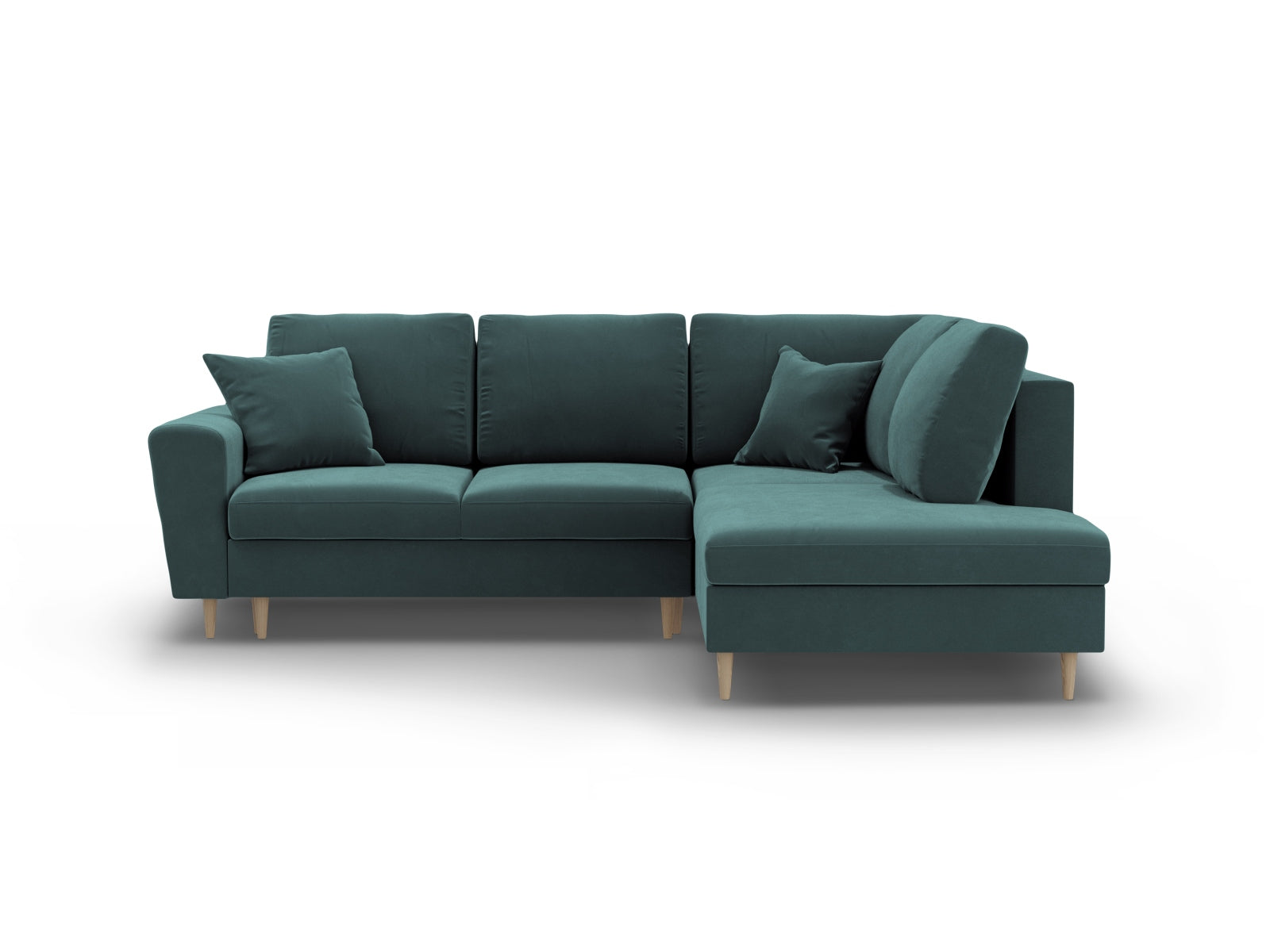 Kyoto Velour Ecksofa rechts mit Schlaffunktion und Stauraumbox 5 Sitzer 194cm in Petrol/Birke-Riviera präsentiert im Onlineshop von KAQTU Design AG. Bettsofa rechts ist von Cosmopolitan Design