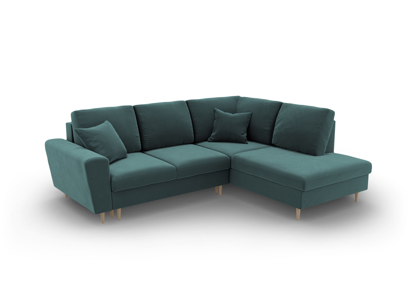 Elegantes Kyoto Velour Ecksofa in Petrol, 5-Sitzer mit Schlaffunktion und Stauraum, perfekt für stilvolle Wohnzimmer und Übernachtungen.