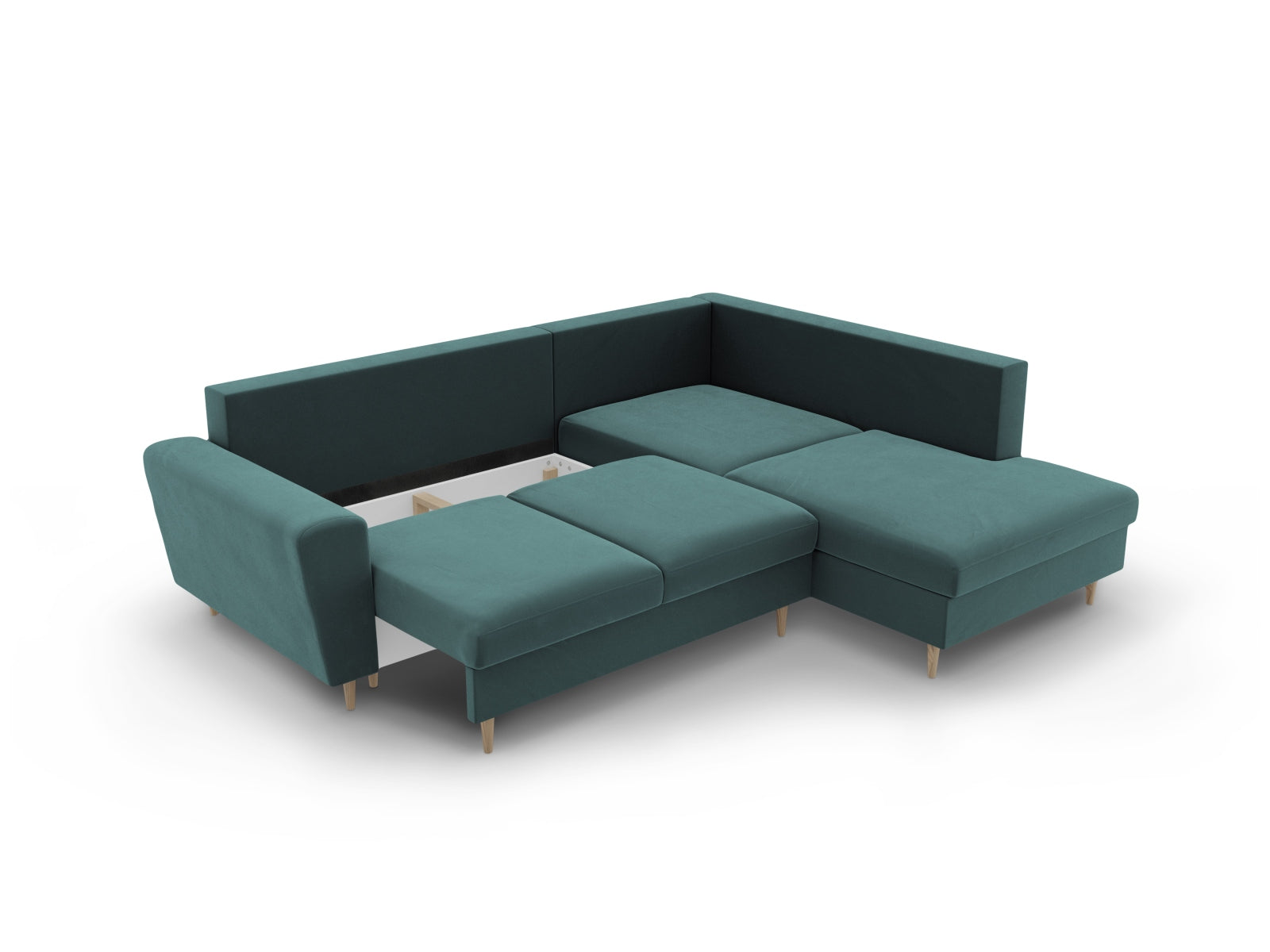 Stylisches Kyoto Velour Ecksofa in Petrol, 5-Sitzer mit praktischer Schlaffunktion und Stauraum, ideal für moderne Wohnräume.