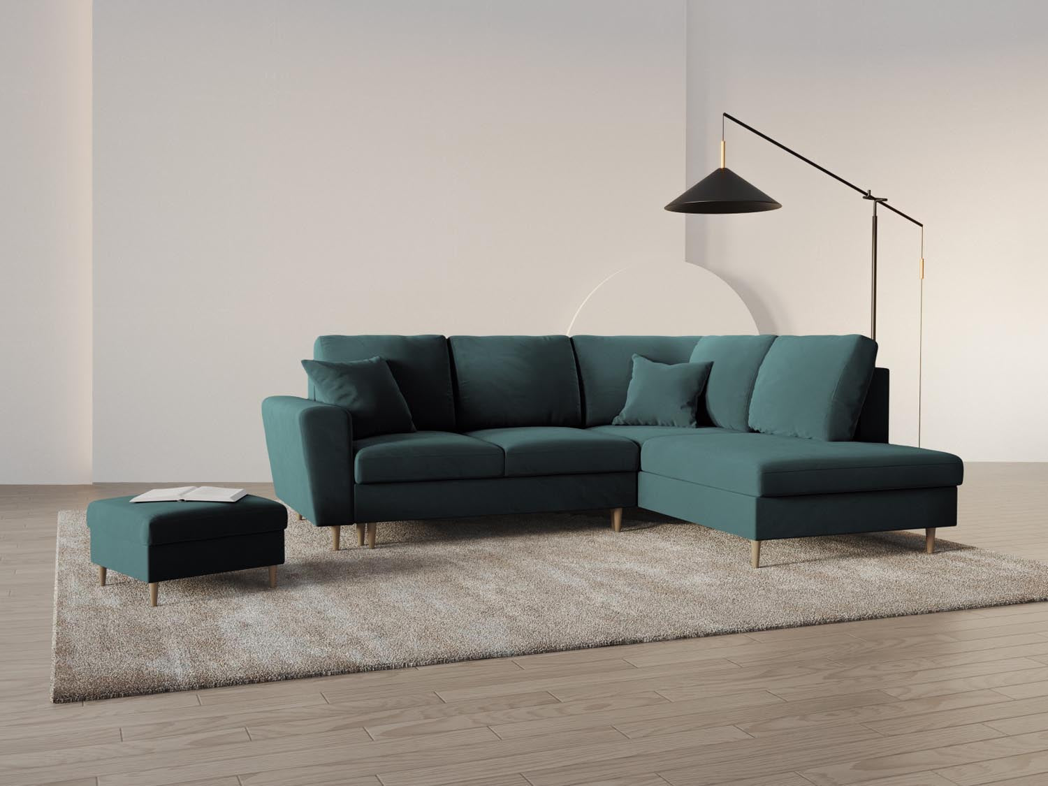 Stylisches Kyoto Velour Ecksofa in Petrol mit Schlaffunktion und Stauraum, ideal für moderne Wohnräume und Gästeübernachtungen.