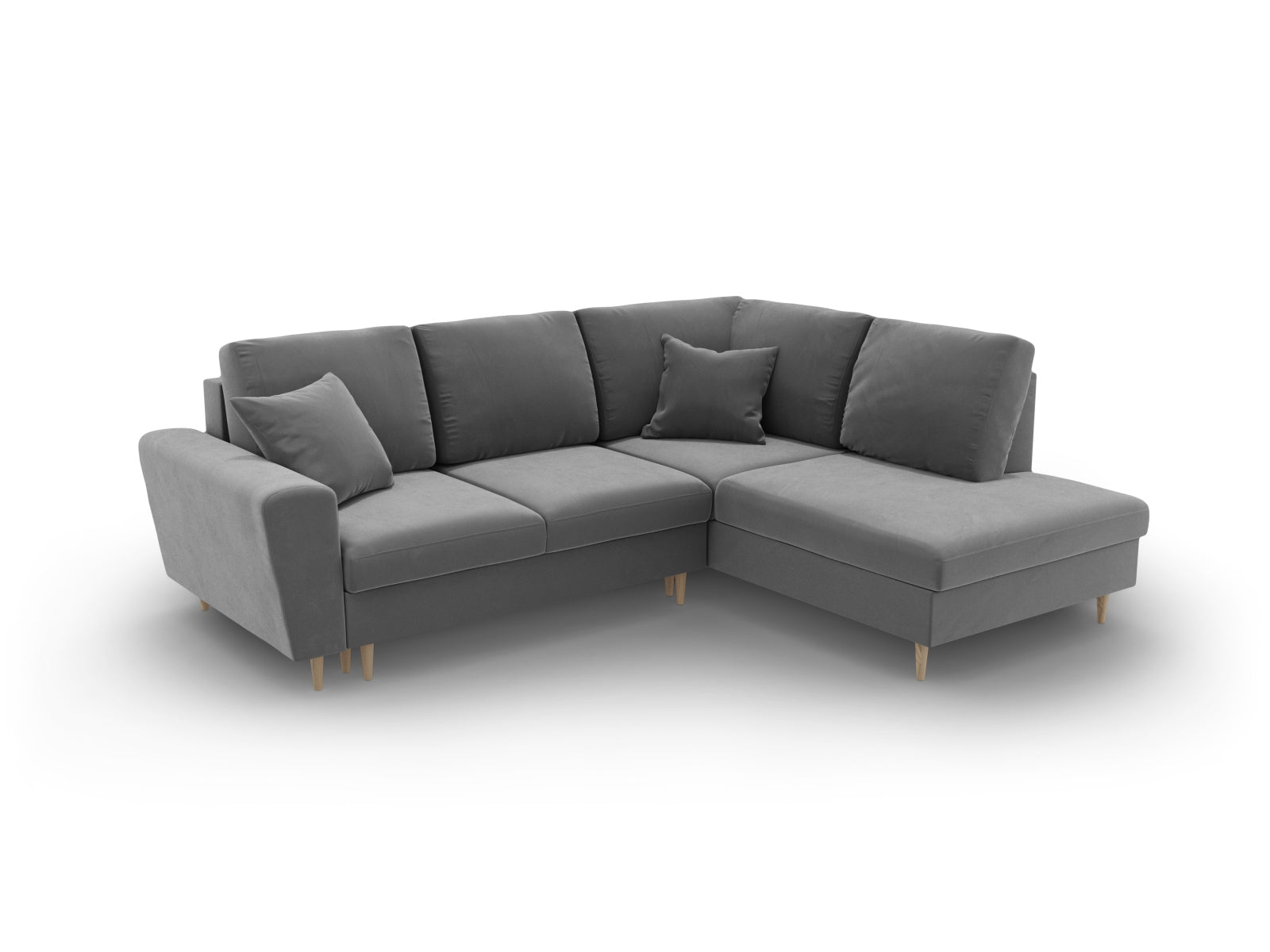 Elegantes Kyoto Velour Ecksofa in Hellgrau, 5-Sitzer mit Schlaffunktion und Stauraum, perfekt für stilvolle Wohnzimmer und Übernachtungen.