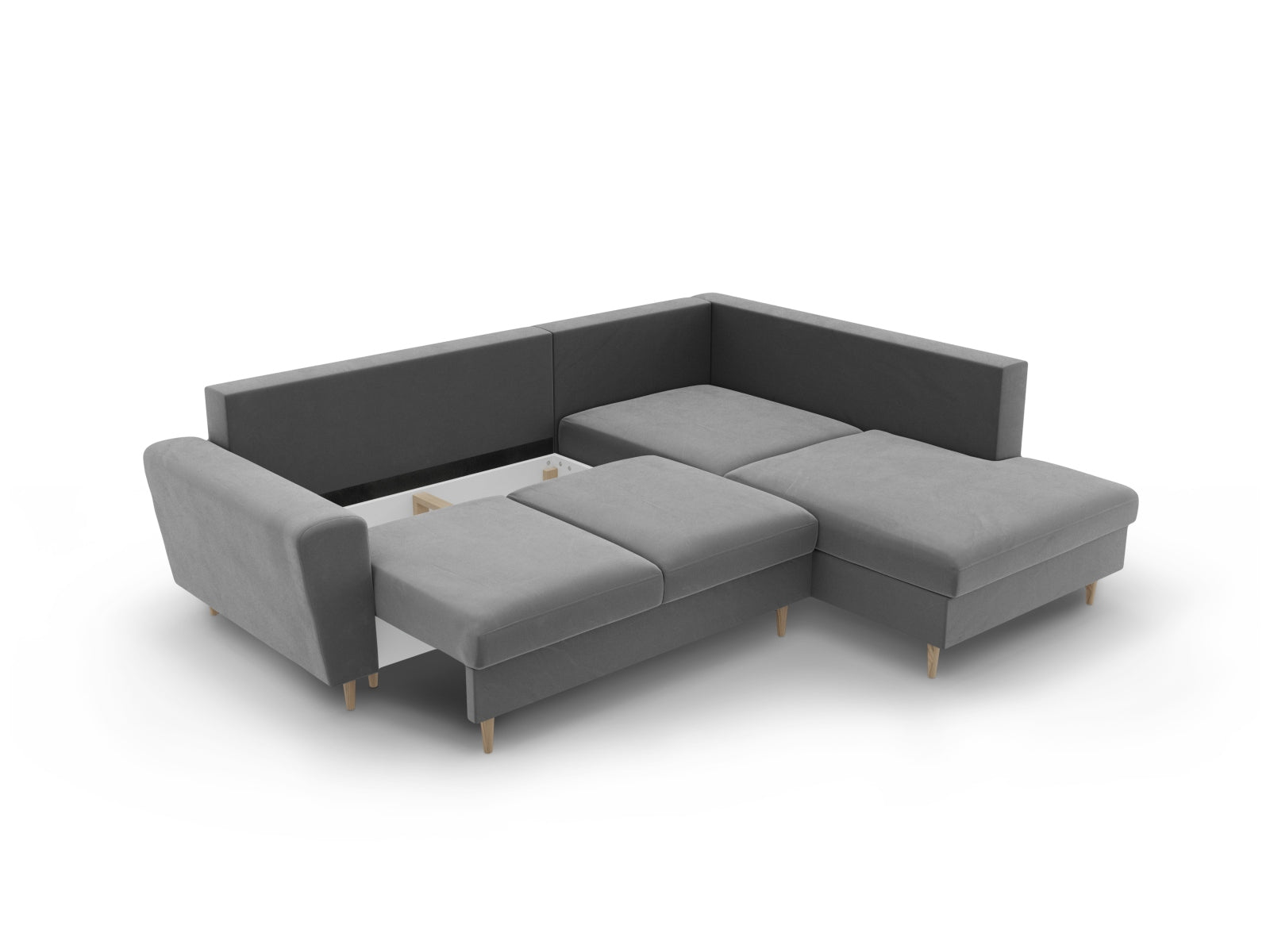 Modernes Kyoto Velour Ecksofa in Hellgrau, 5-Sitzer mit praktischer Schlaffunktion und Stauraum, ideal für gemütliche Abende und Gäste.
