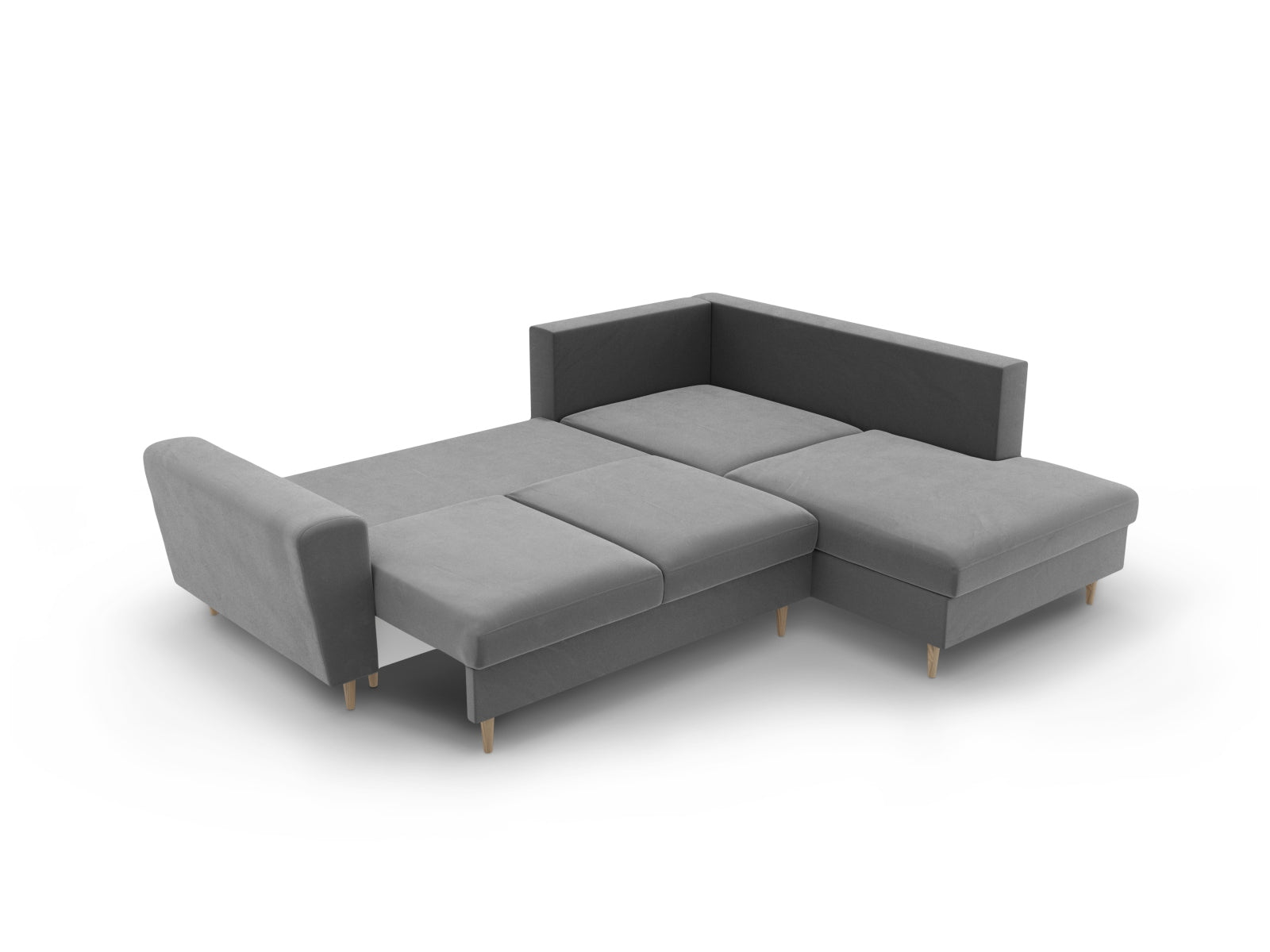 Stylisches Kyoto Velour Ecksofa in Hellgrau, 5-Sitzer mit Schlaffunktion und Stauraum, perfekt für entspannte Abende und Übernachtungsgäste.