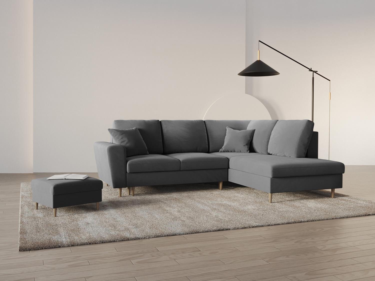 Stylisches Kyoto Velour Ecksofa in Hellgrau mit Schlaffunktion und Stauraum, ideal für moderne Wohnräume und Gästeübernachtungen.
