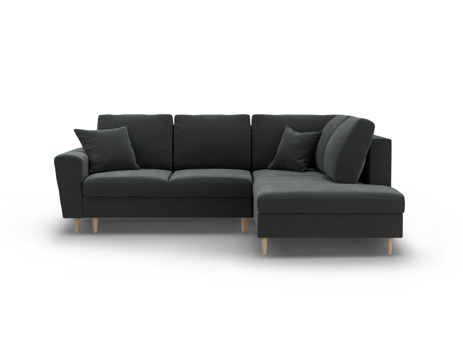 Kyoto Velour Ecksofa rechts mit Schlaffunktion und Stauraumbox 5 Sitzer 194cm in Dark Grey/Birke-Riviera präsentiert im Onlineshop von KAQTU Design AG. Bettsofa rechts ist von Cosmopolitan Design