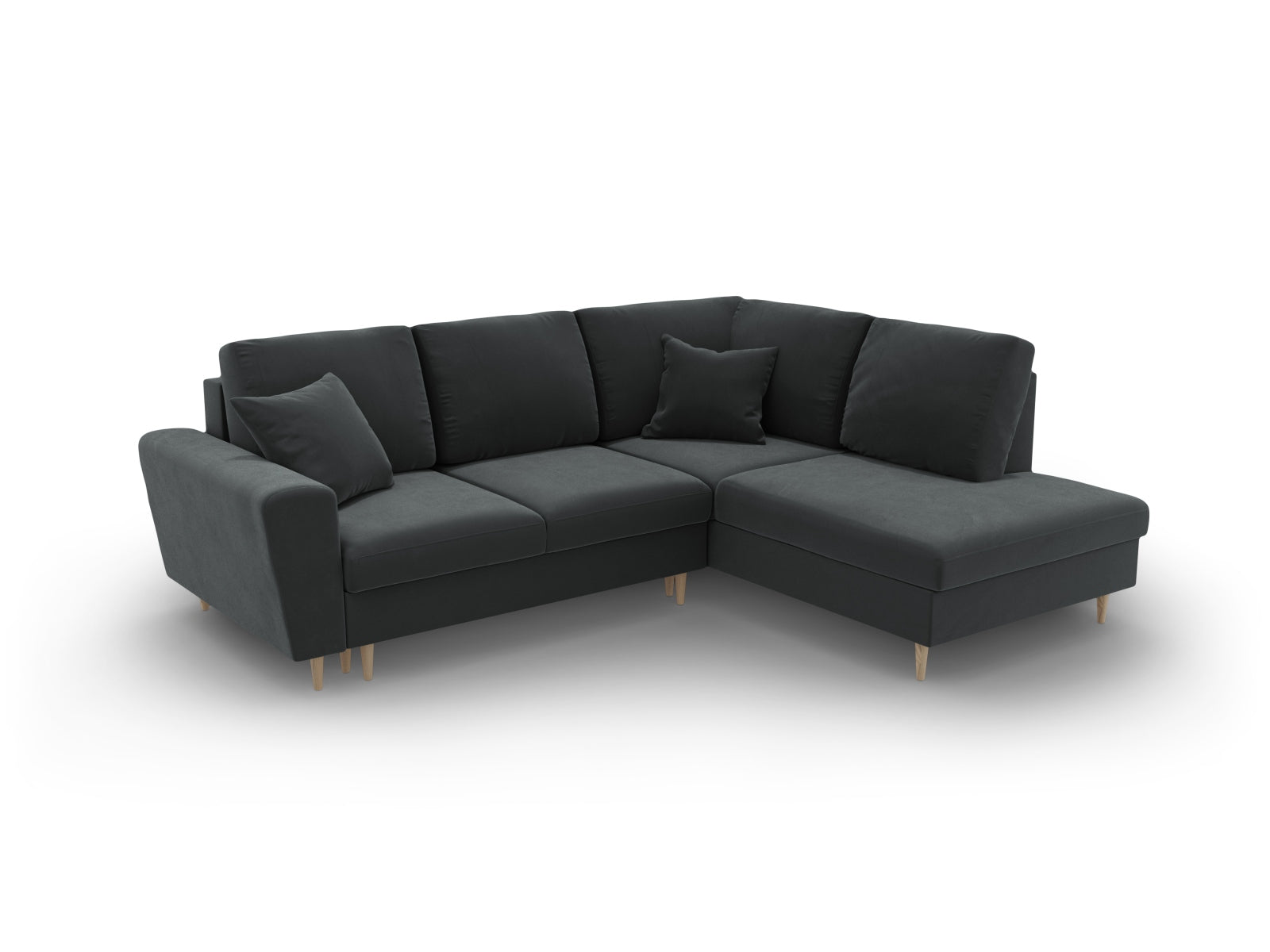 Elegantes Kyoto Velour Ecksofa in Dunkelgrau, 5-Sitzer mit praktischer Schlaffunktion und Stauraum, perfekt für stilvolle Wohnzimmer.