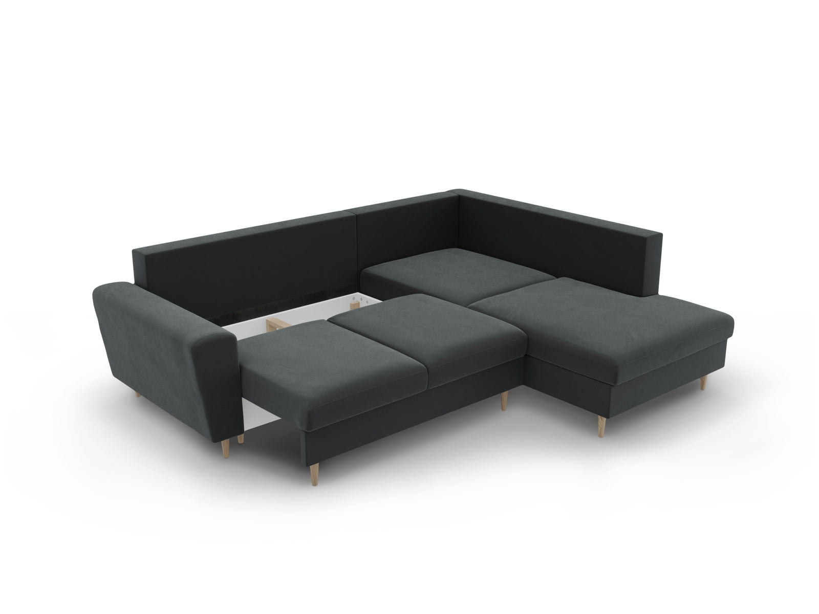 Modernes Kyoto Velour Ecksofa in Dunkelgrau, 5-Sitzer mit Schlaffunktion und Stauraum, ideal für gemütliche und funktionale Wohnräume.
